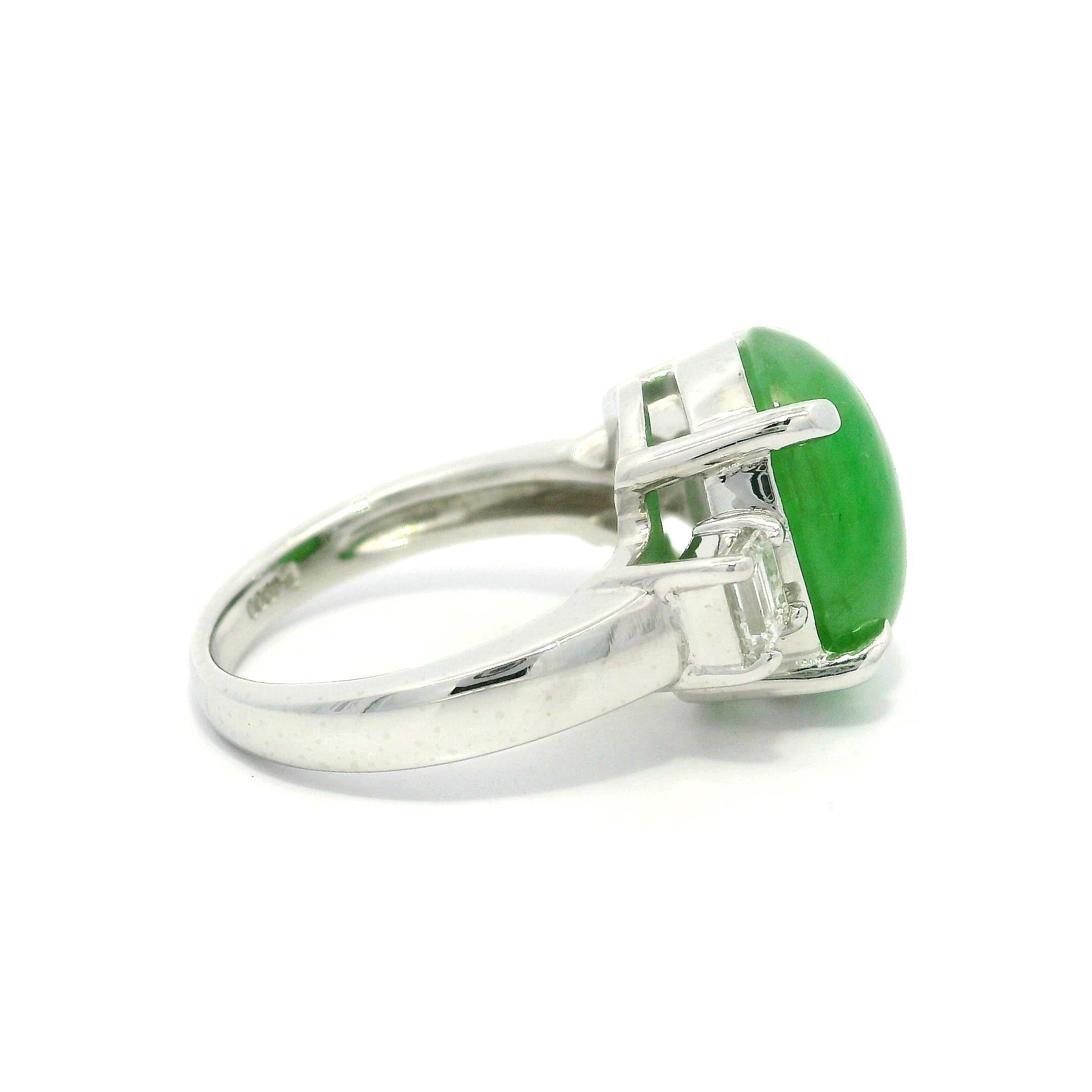Classic Platinum GIA 6.28ctw Oval Cabochon A Jade w/ Diamond Sides Ring For Sale 9