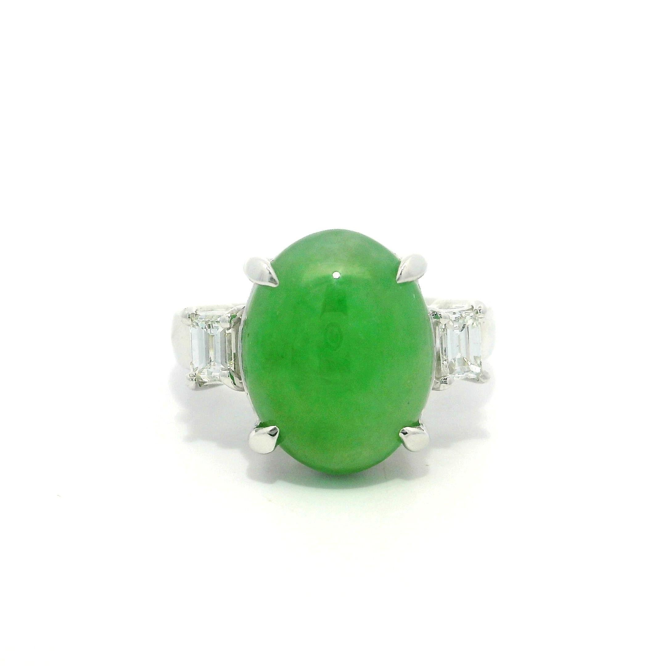 Classic Platinum GIA 6.28ctw Oval Cabochon A Jade w/ Diamond Sides Ring For Sale 10