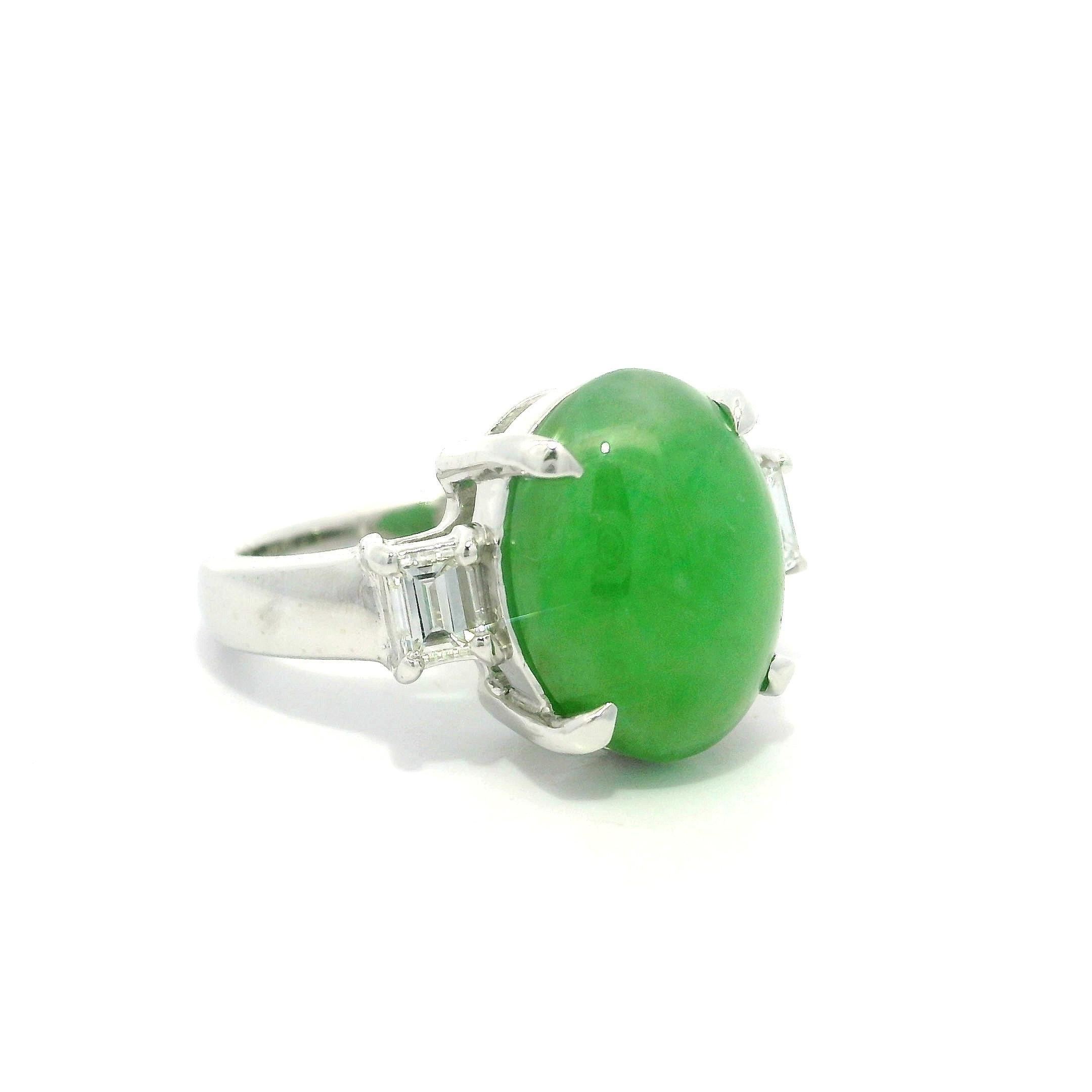 Classic Platinum GIA 6.28ctw Oval Cabochon A Jade w/ Diamond Sides Ring For Sale 11