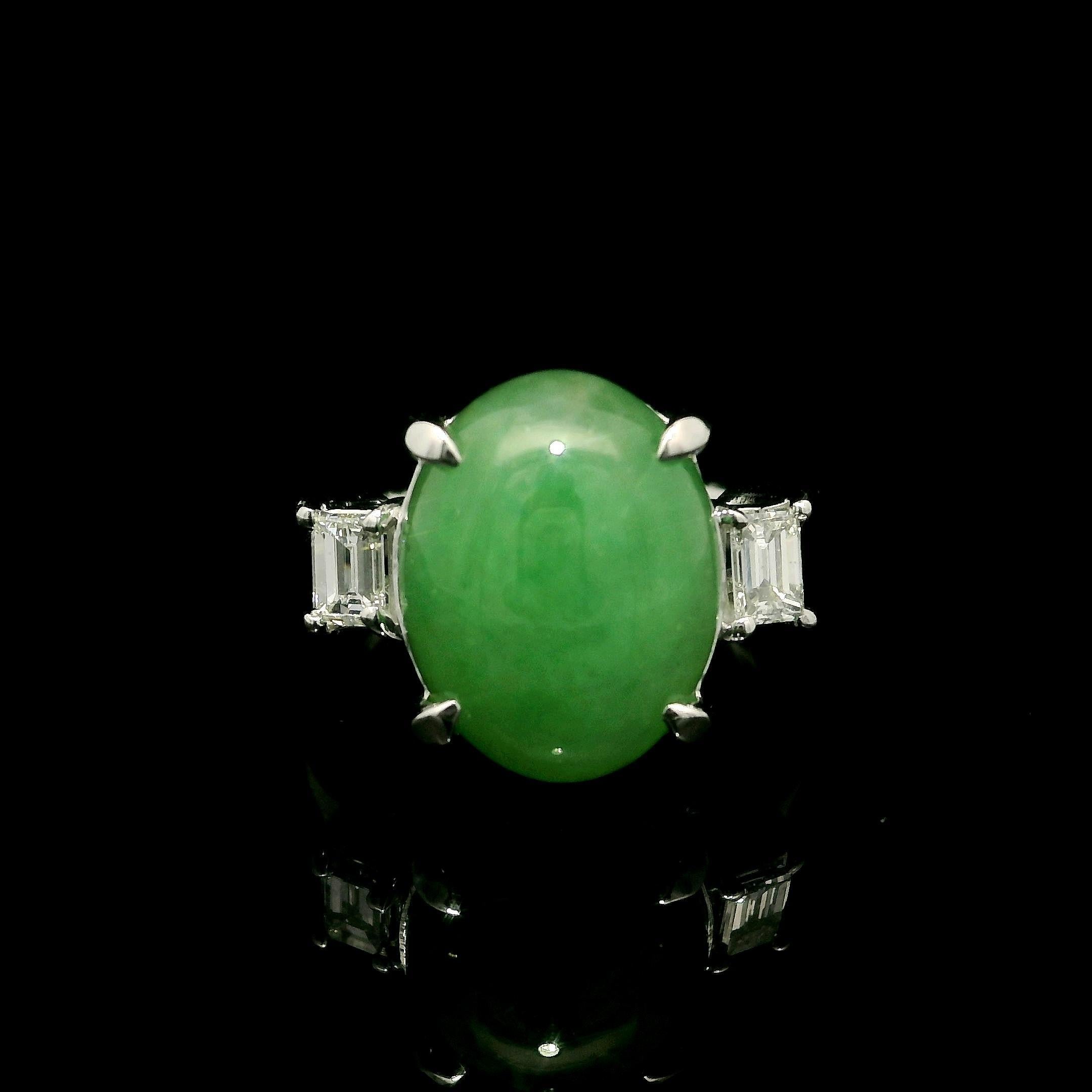 Classic Platinum GIA 6.28ctw Oval Cabochon A Jade w/ Diamond Sides Ring For Sale 12