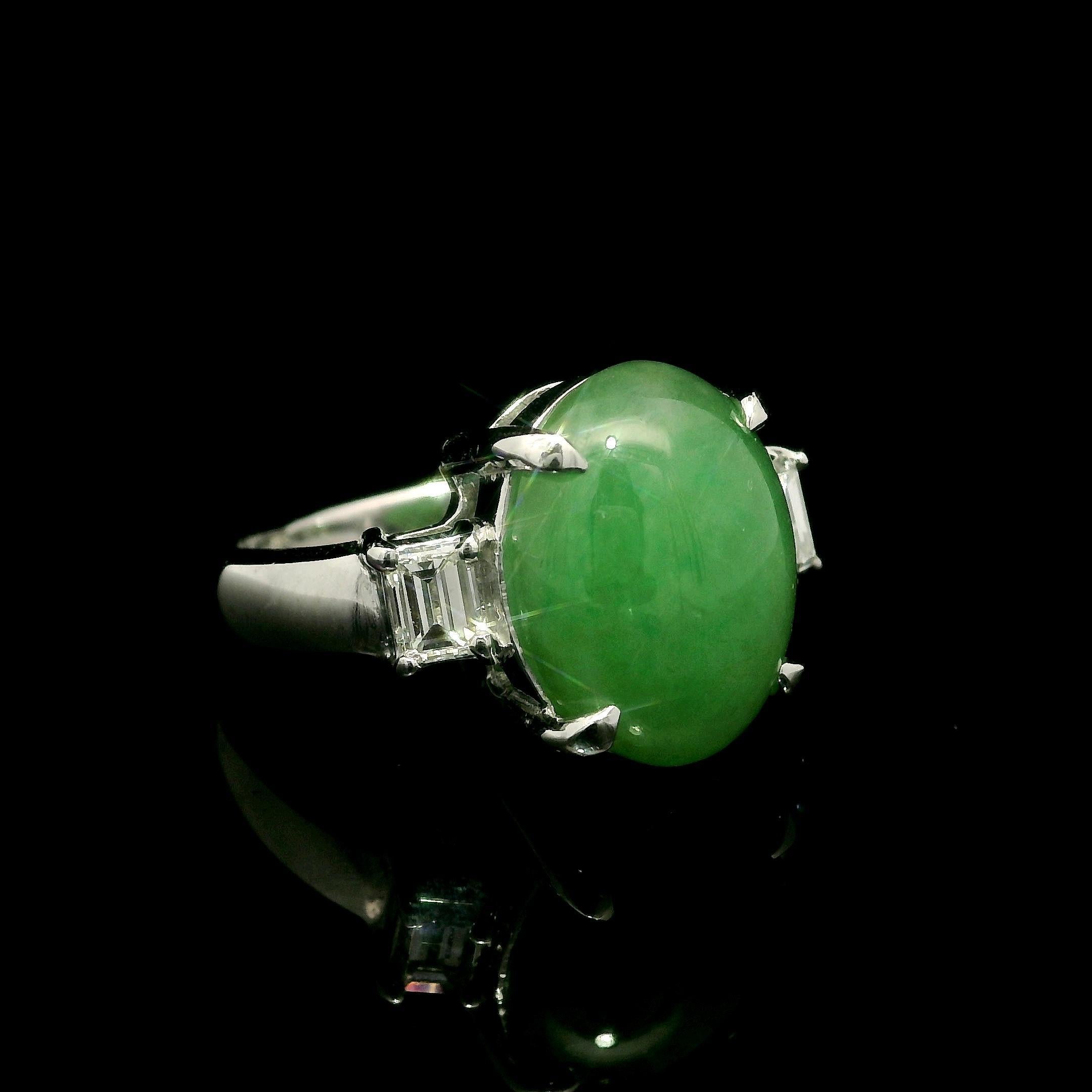 Classic Platinum GIA 6.28ctw Oval Cabochon A Jade w/ Diamond Sides Ring In Excellent Condition For Sale In Montclair, NJ