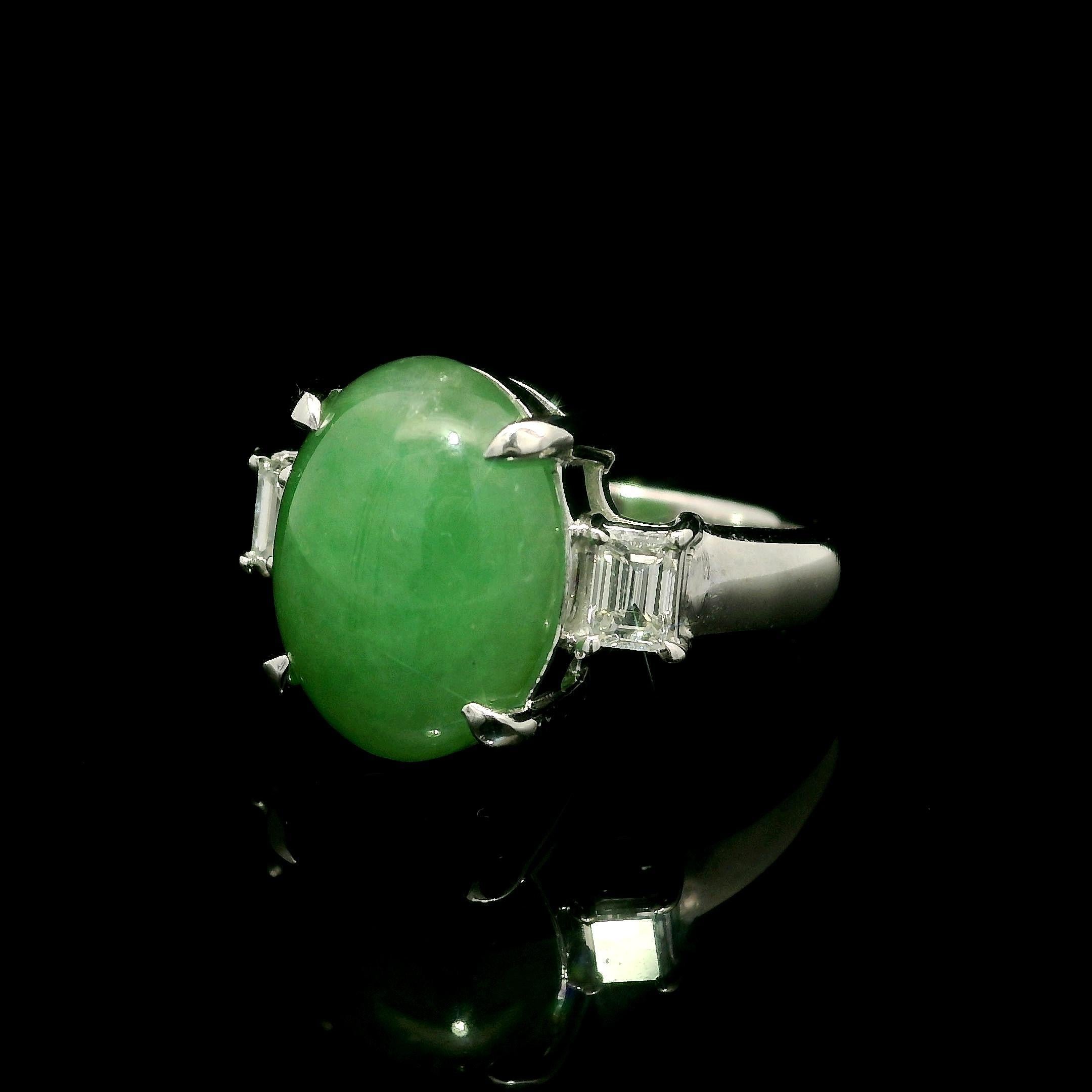 Women's Classic Platinum GIA 6.28ctw Oval Cabochon A Jade w/ Diamond Sides Ring For Sale
