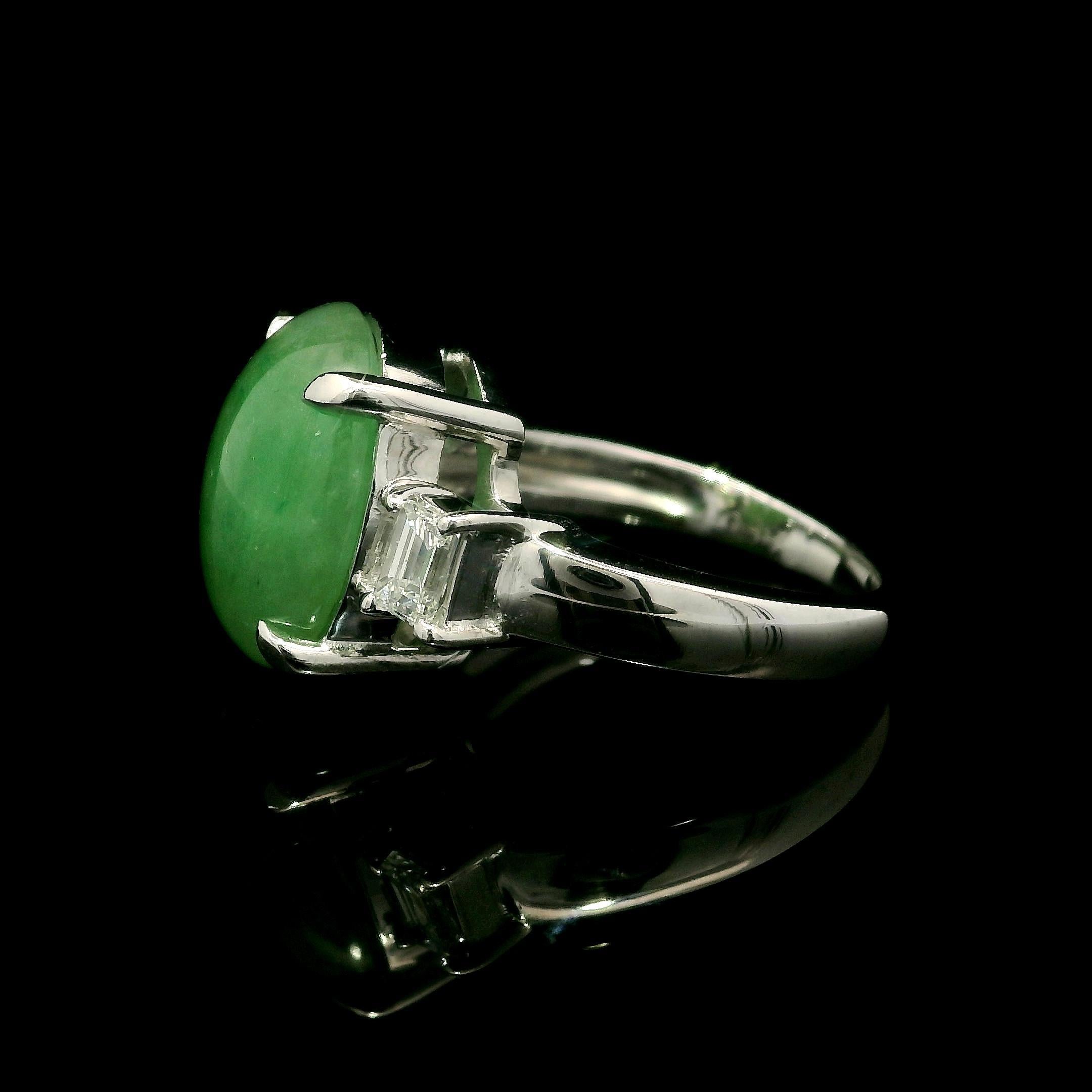 Classic Platinum GIA 6.28ctw Oval Cabochon A Jade w/ Diamond Sides Ring For Sale 1