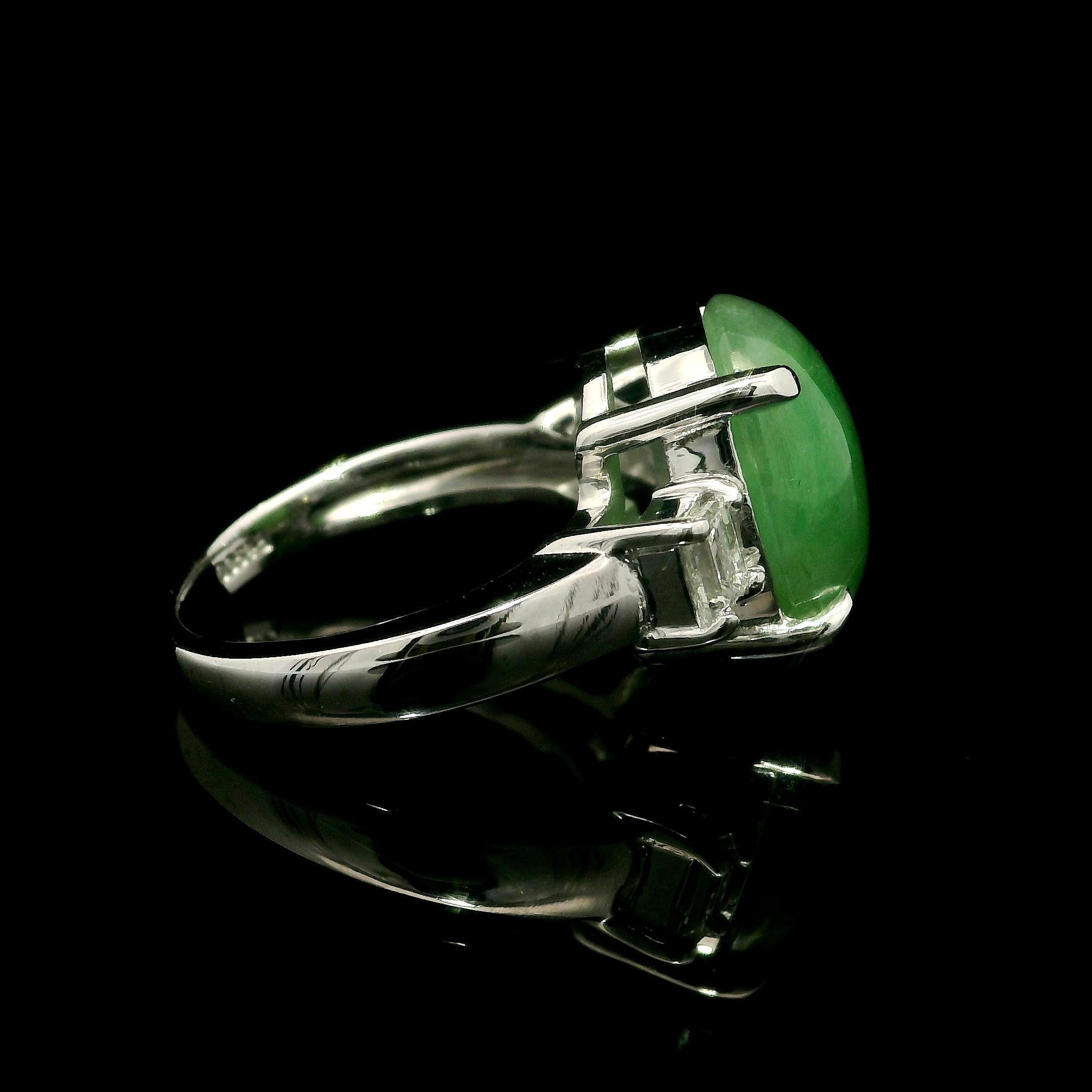Classic Platinum GIA 6.28ctw Oval Cabochon A Jade w/ Diamond Sides Ring For Sale 2