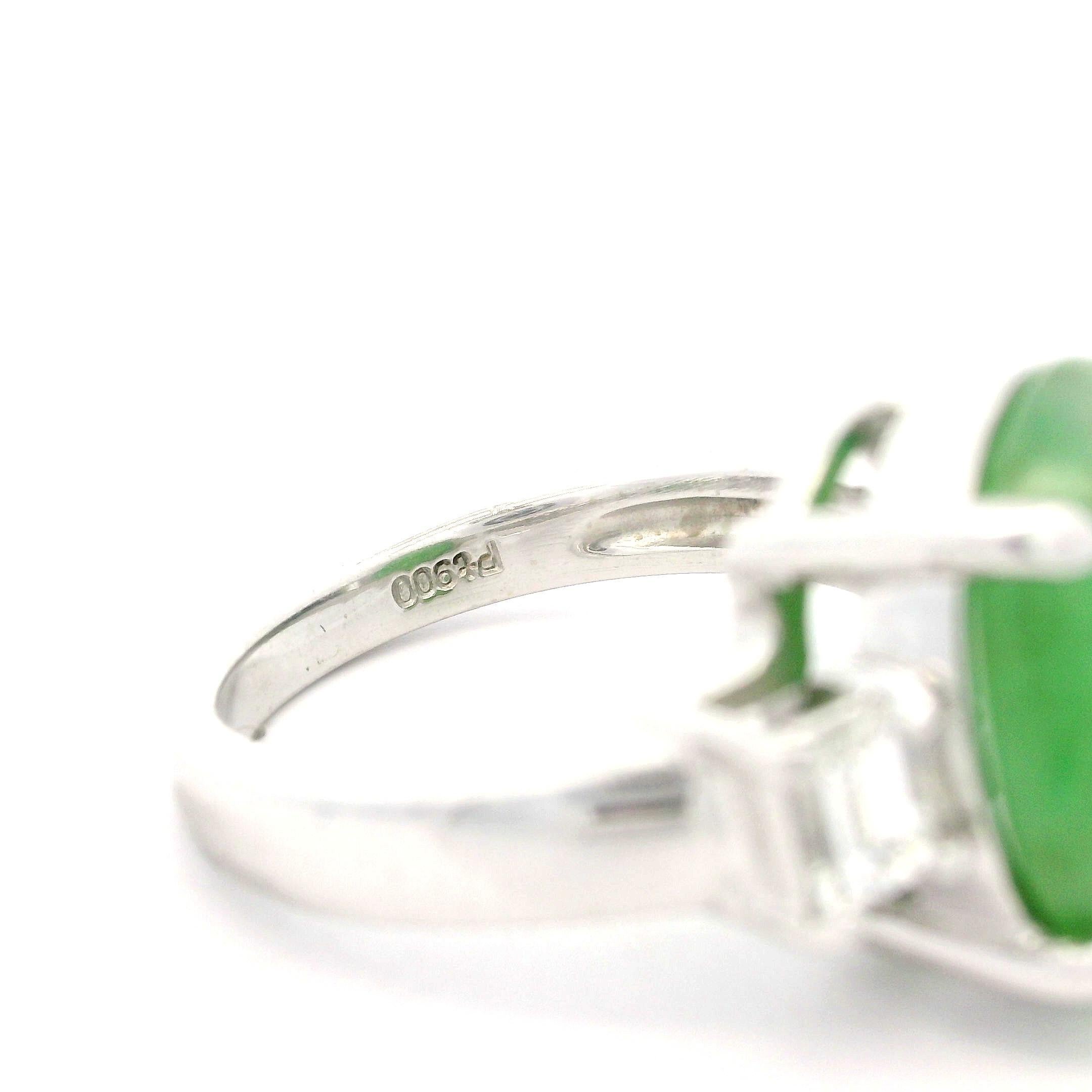 Classic Platinum GIA 6.28ctw Oval Cabochon A Jade w/ Diamond Sides Ring For Sale 4