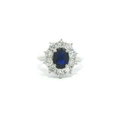 Classic Platinum GIA Deep Royal Blue Sapphire 
Diamond Halo Cluster Flower Ring