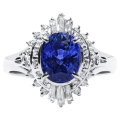 Classic Platinum Oval Blue Sapphire, Round and Baguette Diamonds Ring GWLab Cert