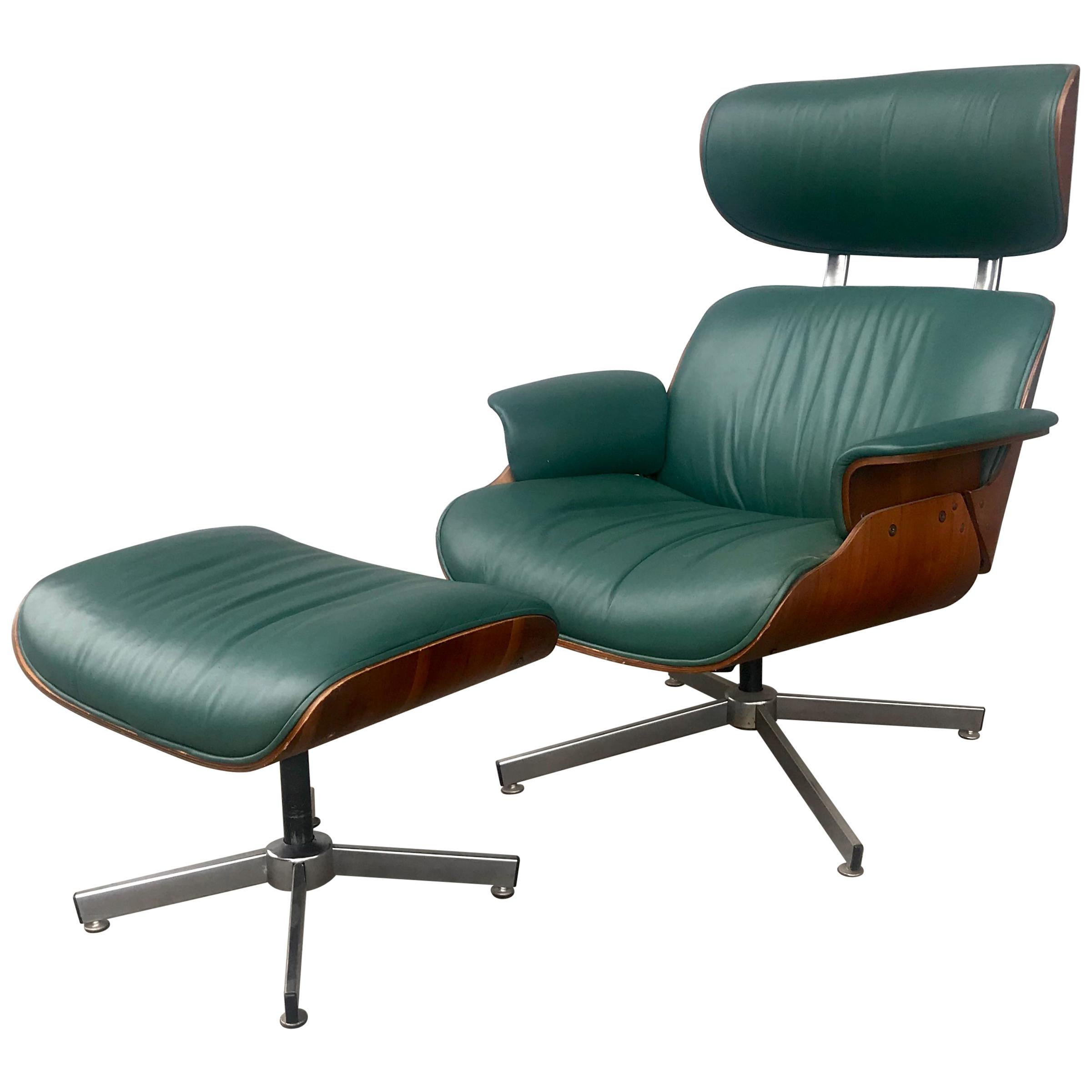 Classic Plycraft Midcentury Plywood and Leather Lounge Chair and Ottoman