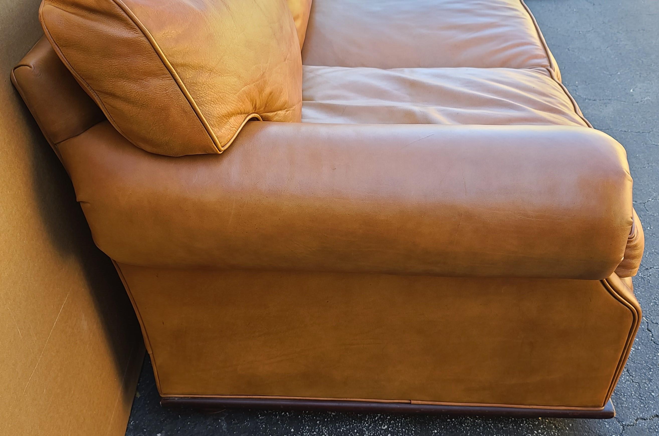 Classic Ralph Lauren Mid-Century Modern Style Saddle Leather Sofa In Good Condition In Lake Worth, FL