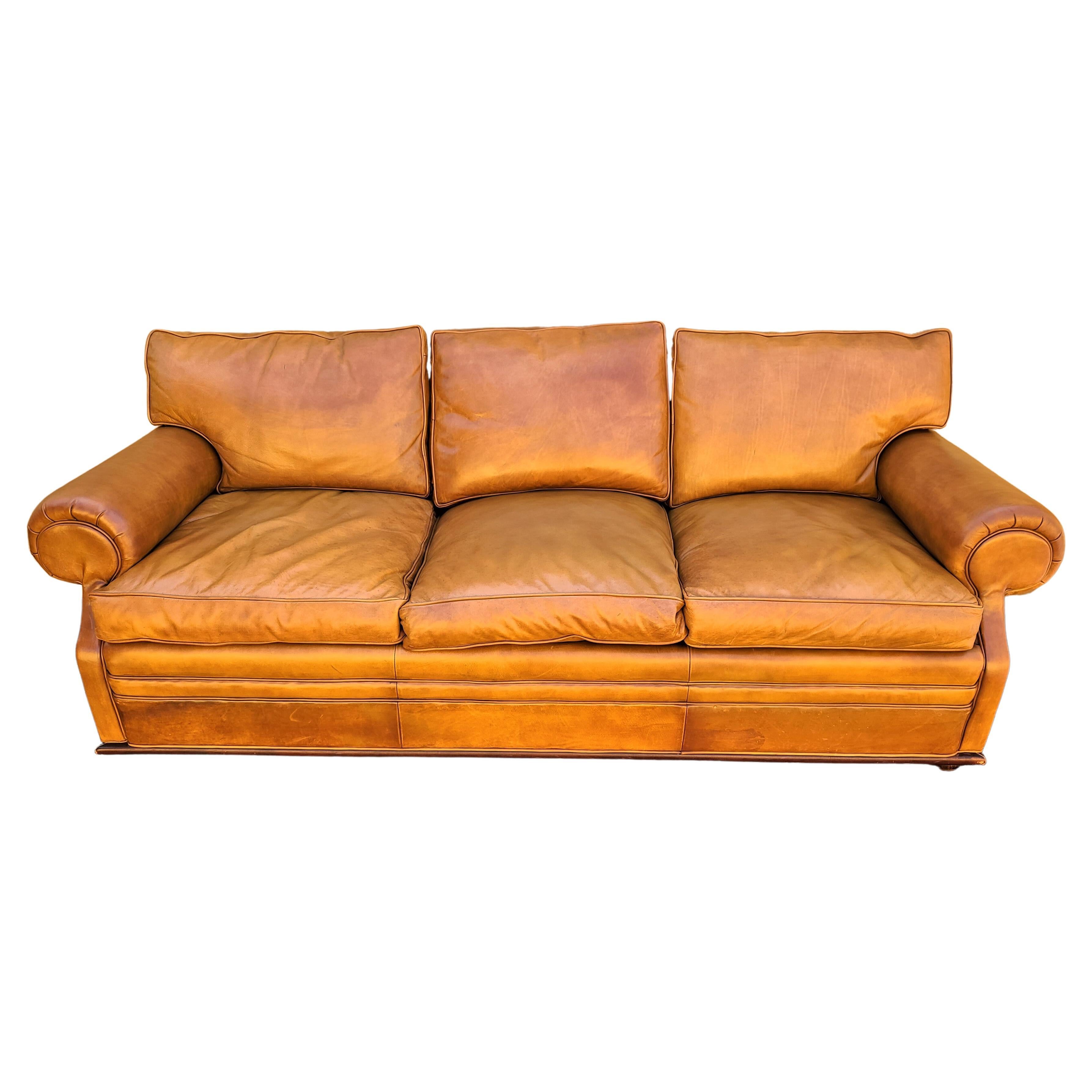 Classic Ralph Lauren Mid-Century Modern Style Saddle Leather Sofa