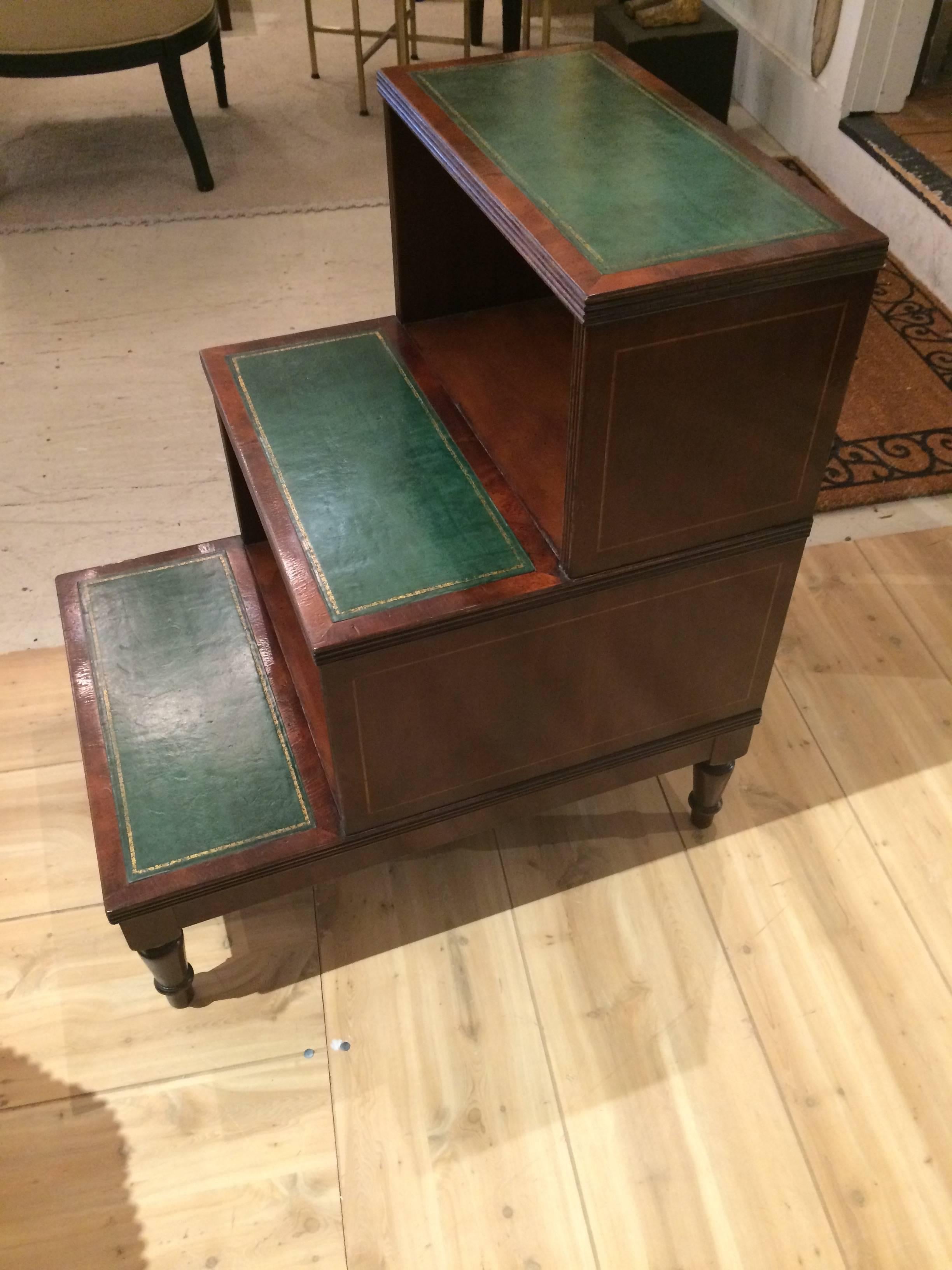 English Classic Regency Style Mahogany and Green Leather Library Steps Side Table