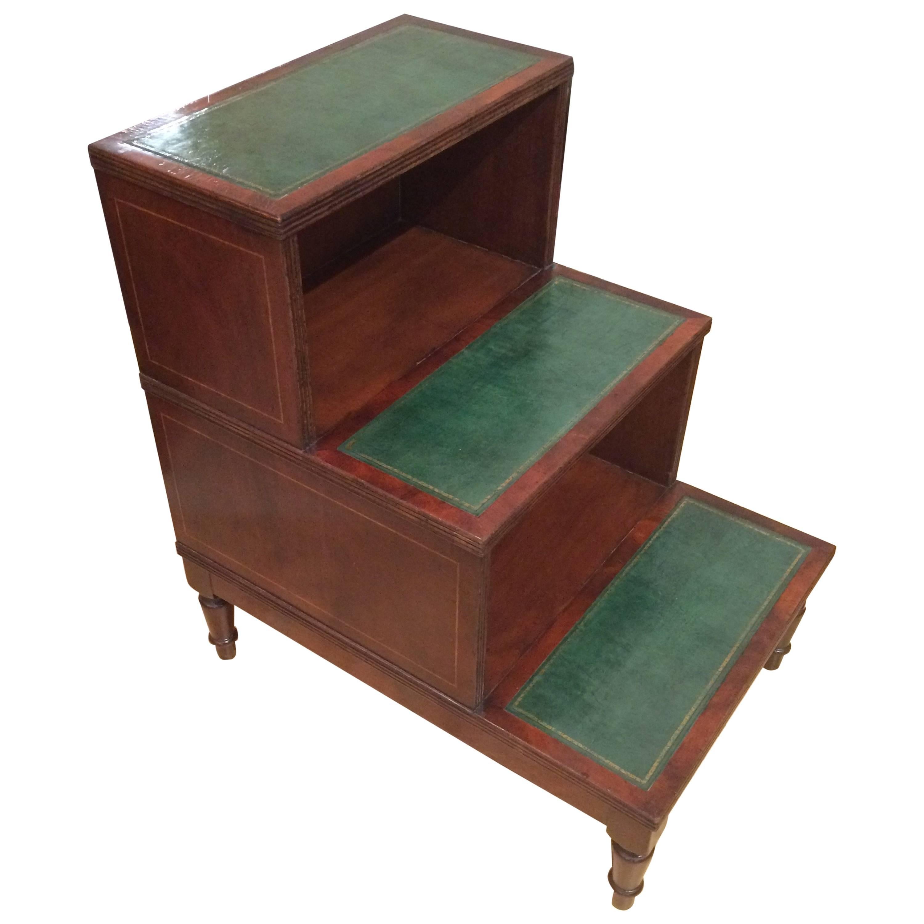 Classic Regency Style Mahogany and Green Leather Library Steps Side Table