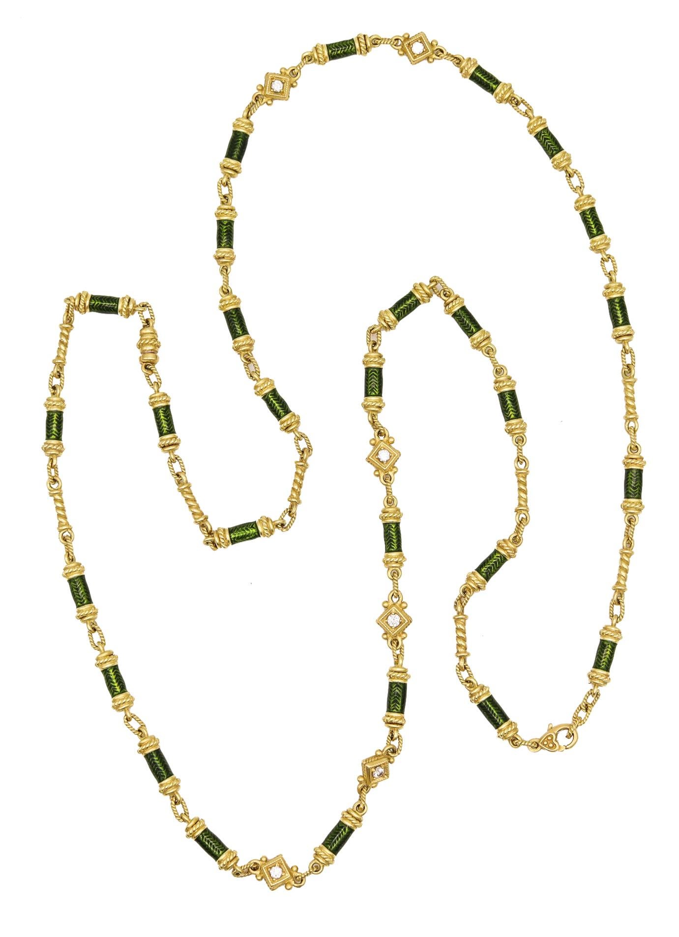 Classic Revival Enameled Long Necklace Sautoir 18Kt Gold with 1.20 Ctw Diamonds In Excellent Condition In Miami, FL