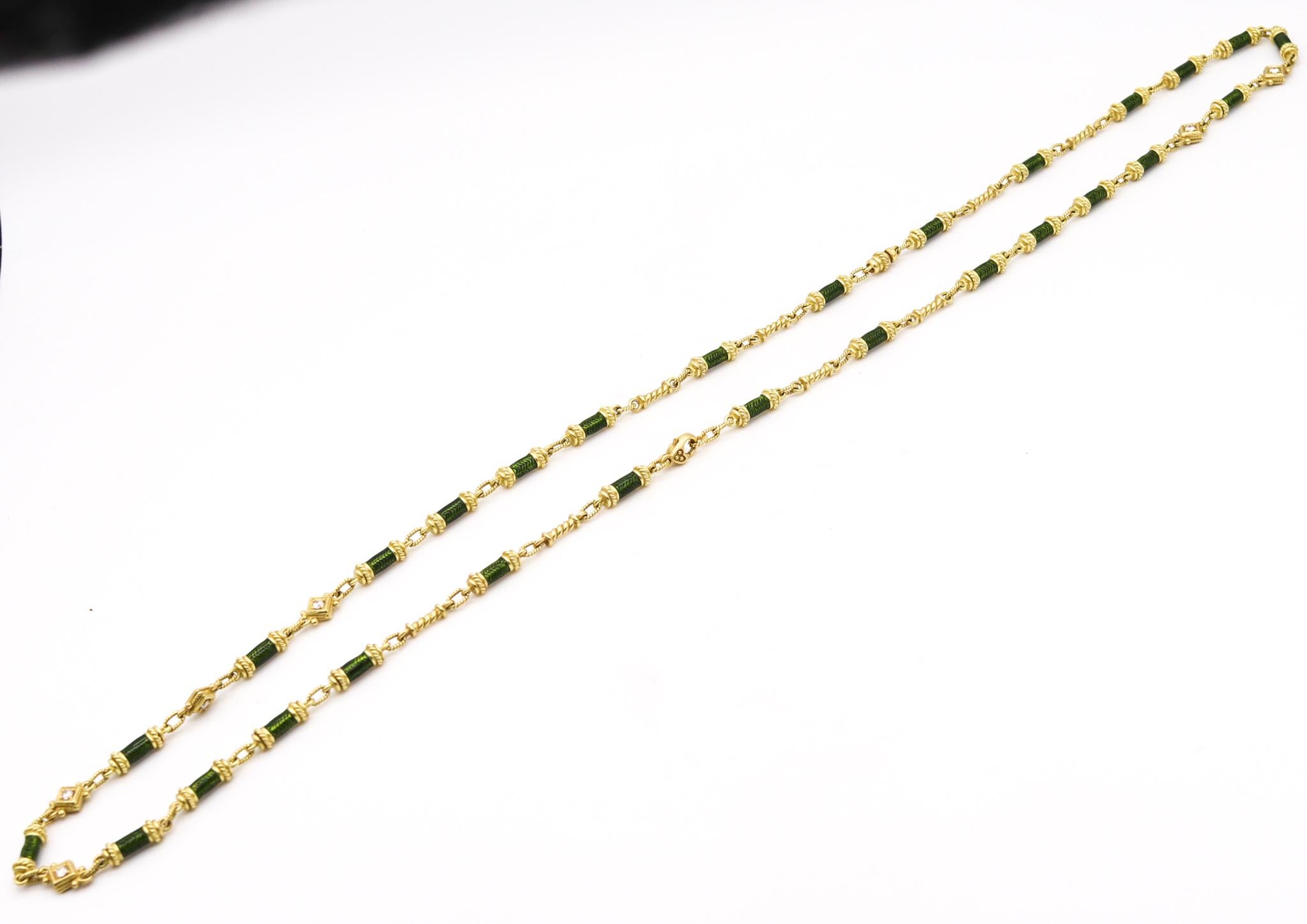 Women's or Men's Classic Revival Enameled Long Necklace Sautoir 18Kt Gold with 1.20 Ctw Diamonds