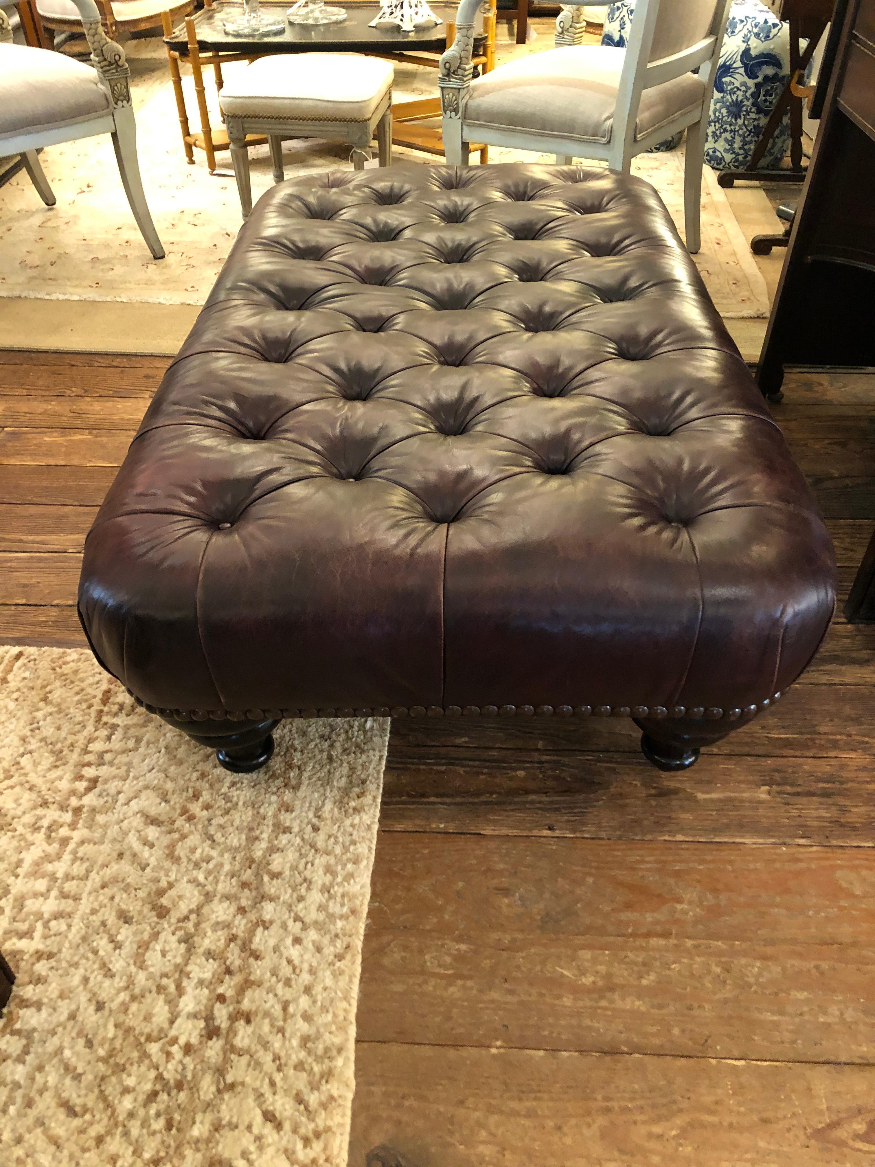 English Classic Rich Luxe Tobacco Tufted Leather Chesterfield Style George Smith Ottoman