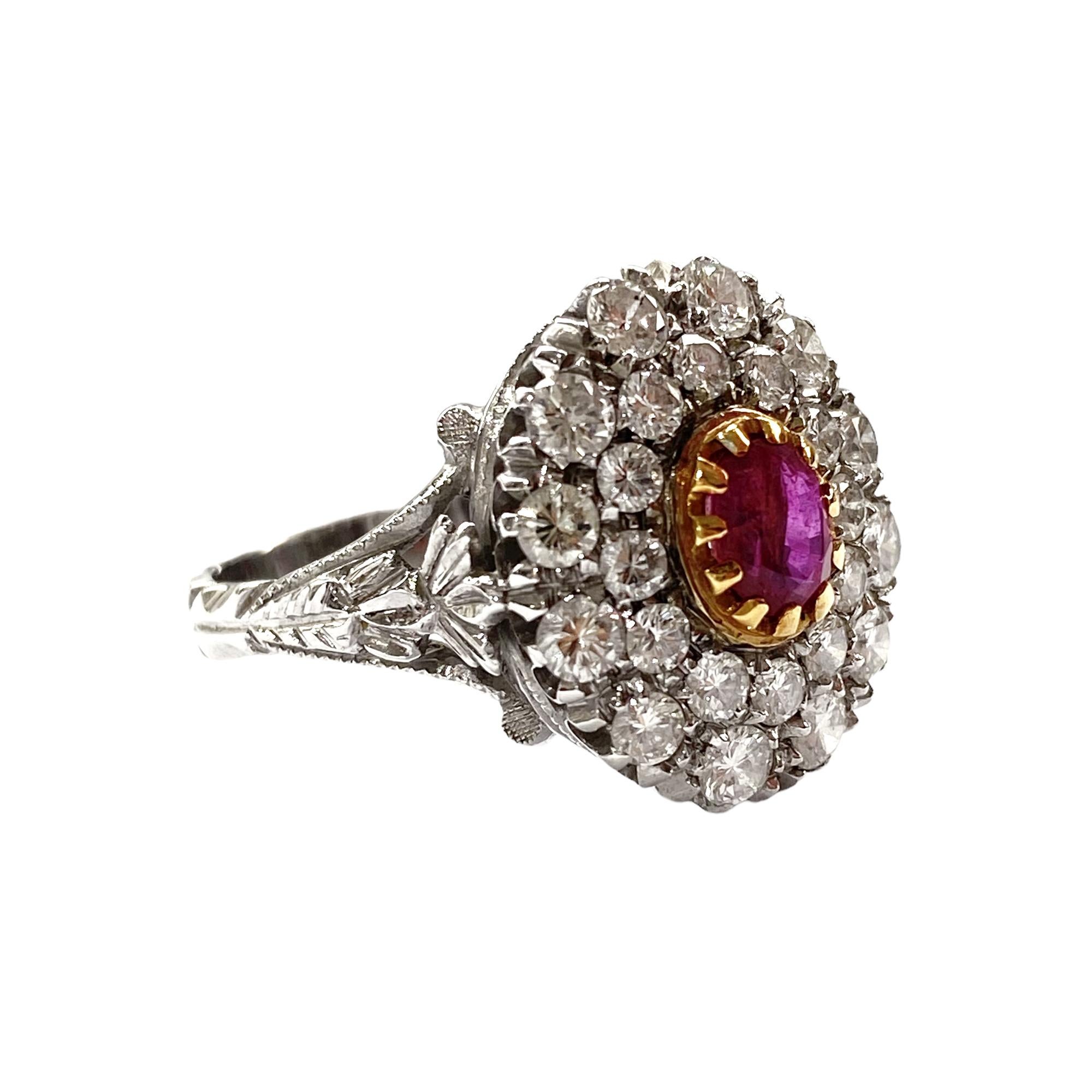 Oval Cut Classic Ring with Natural Ruby and Natural Diamonds, 18kt White Gold For Sale