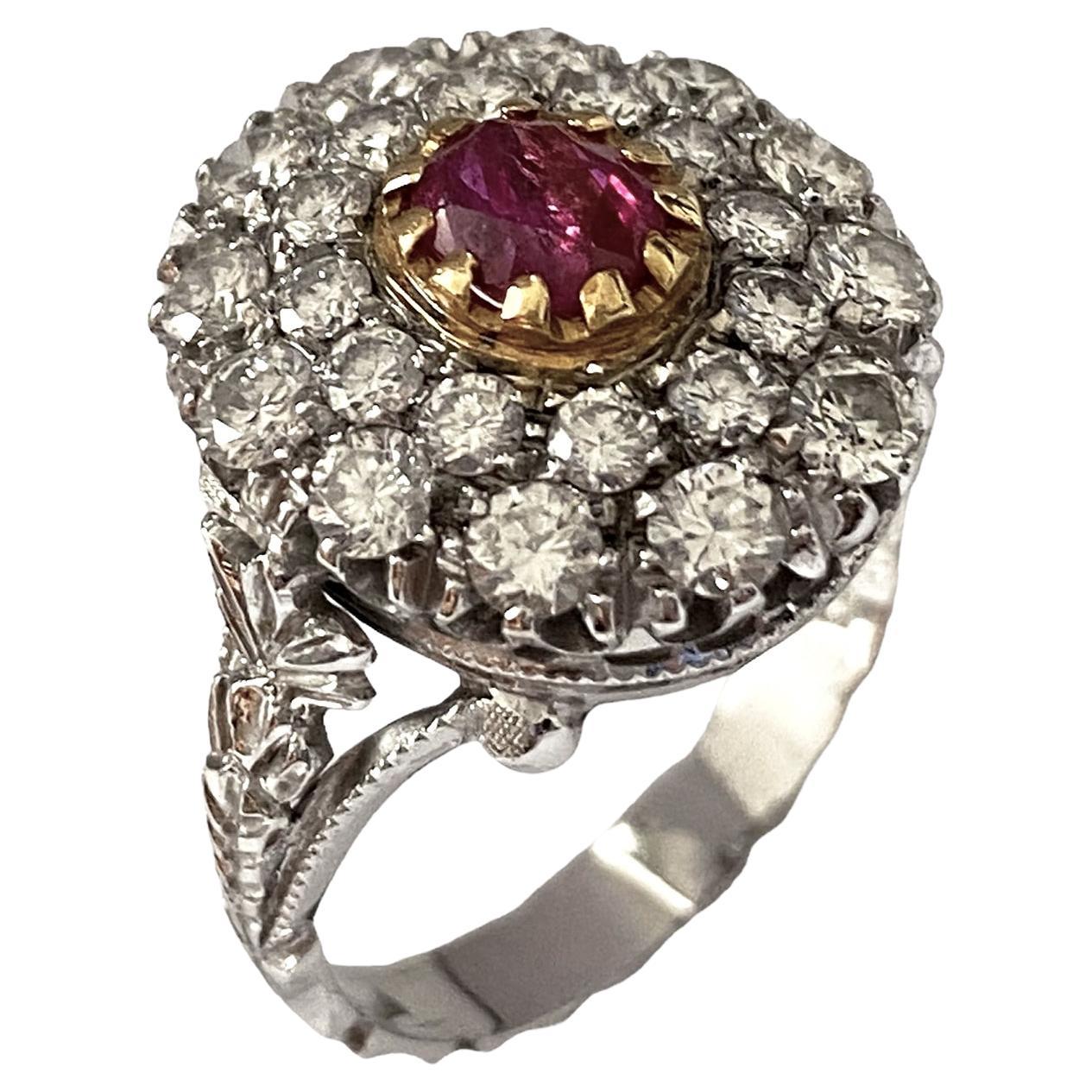 Classic Ring with Natural Ruby and Natural Diamonds, 18kt White Gold For Sale