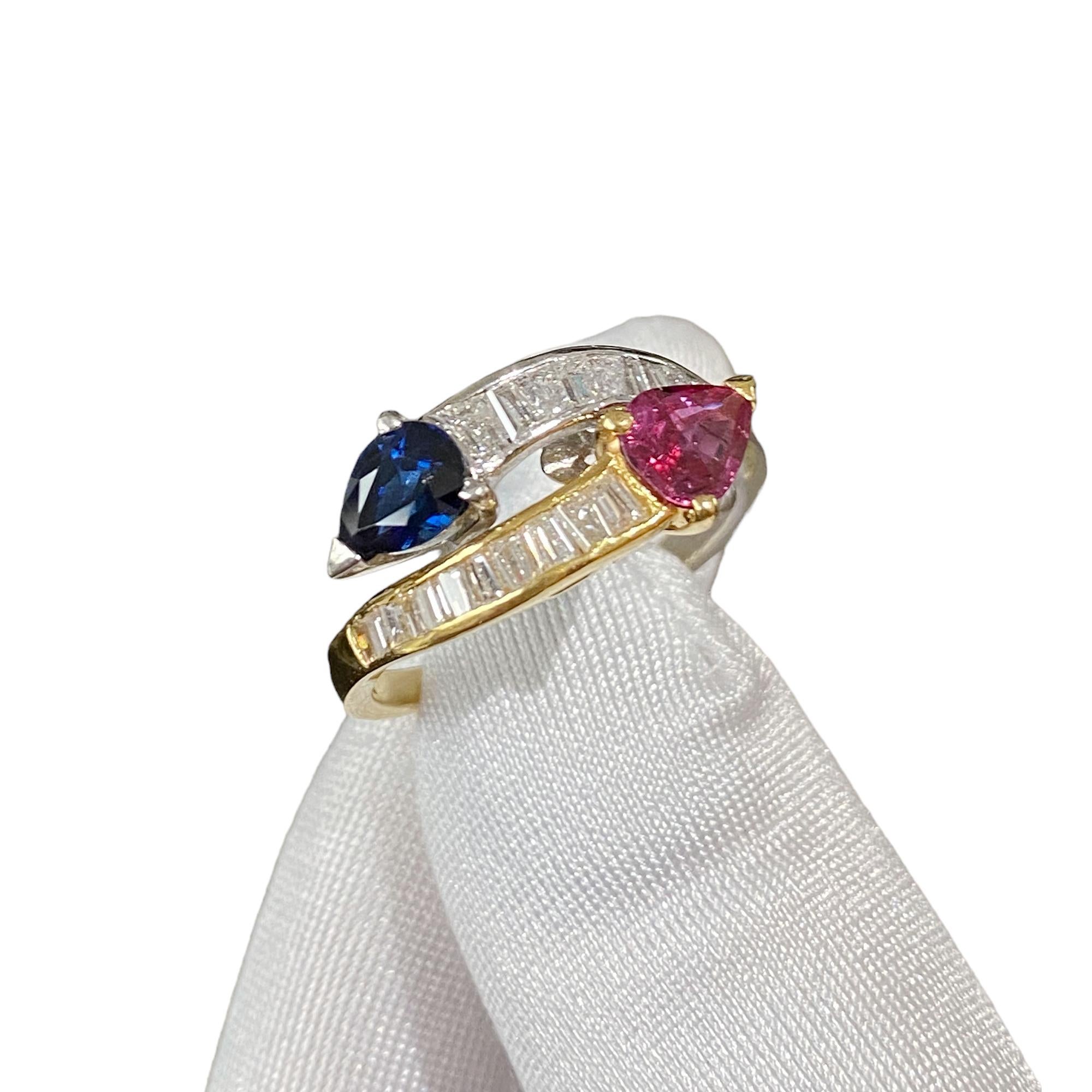 Pear Cut Classic Ring with Natural Ruby, Sapphire and Natural Diamonds, 18kt Bicolor Gold For Sale