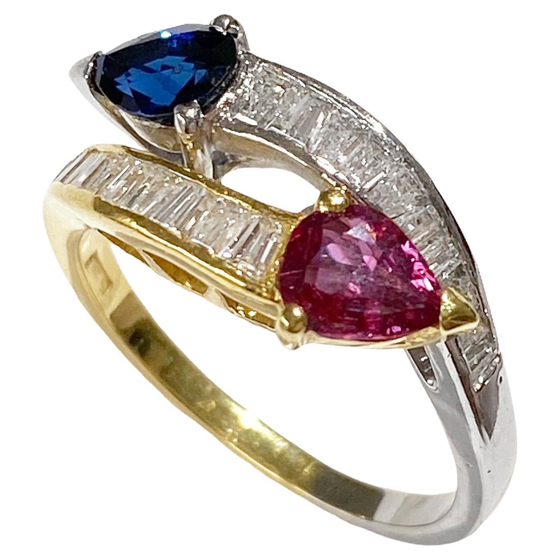 Classic Ring with Natural Ruby, Sapphire and Natural Diamonds, 18kt Bicolor Gold For Sale