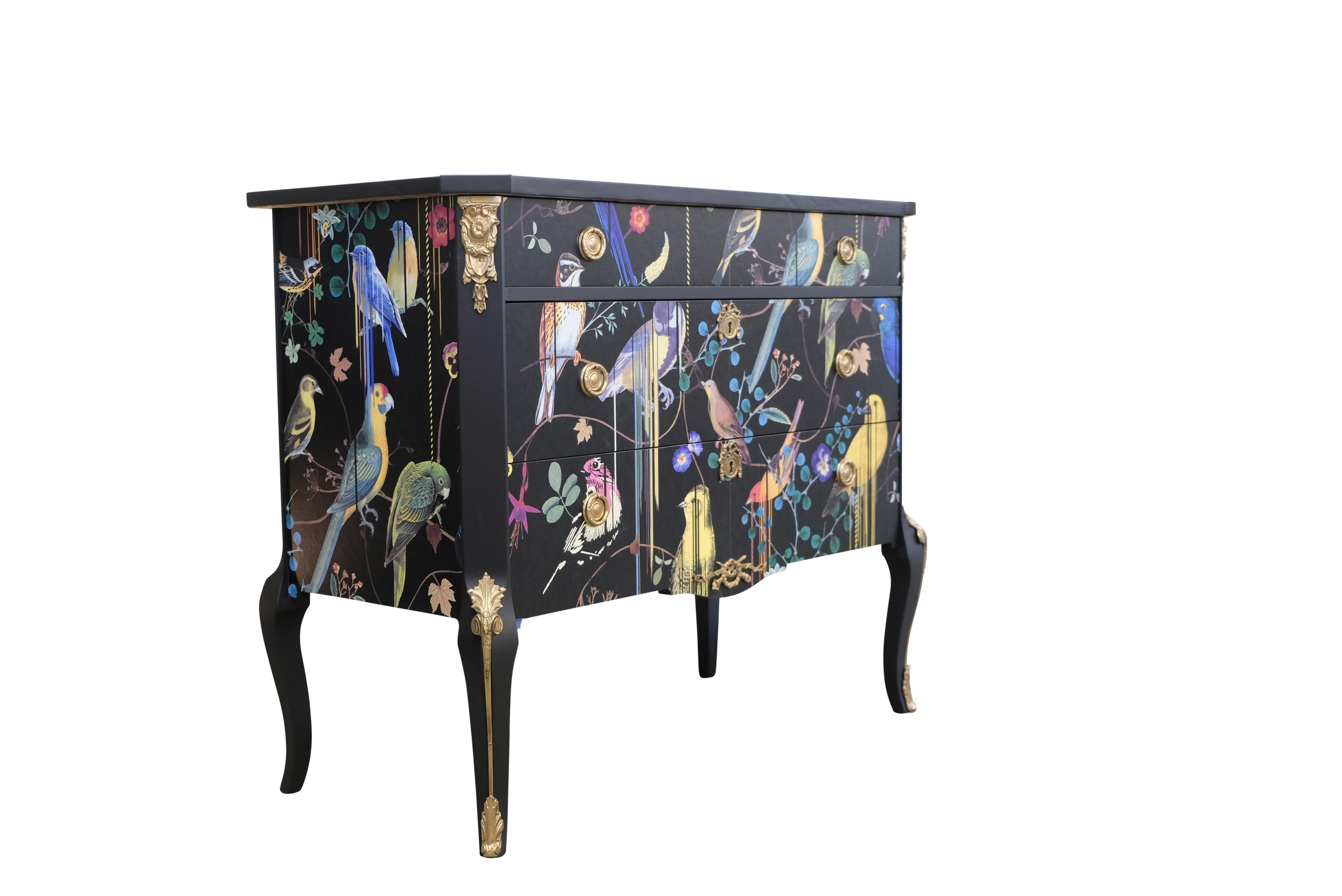 Gustavian Rococo style chests with natural marble slab and redesigned with a contemporary lacquered Christian Lacroix Birds Sinfonia finish. Fine original fittings in solid brass. 
Width: 87cm / 34.3