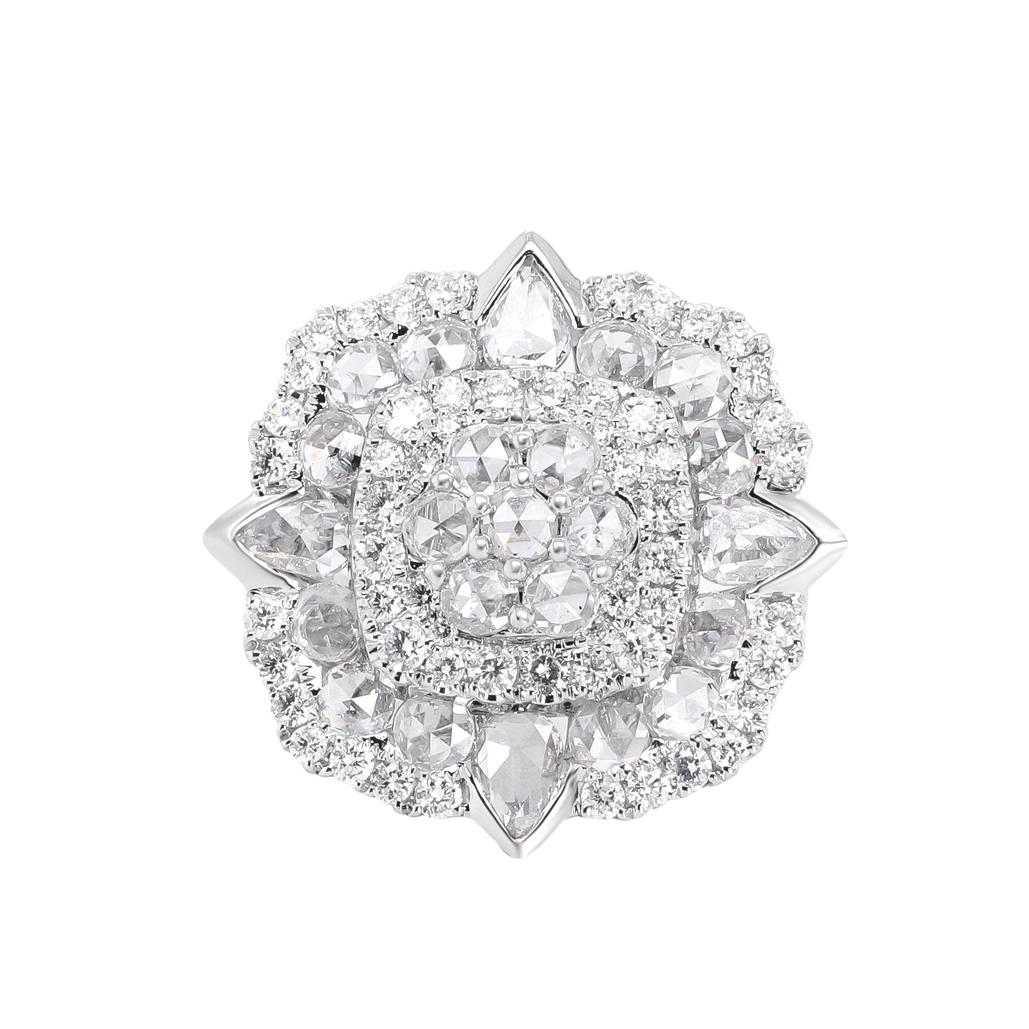 Art Deco Classic Rose-Cut & Round-Cut White Diamond 14k White Gold Ring For Sale