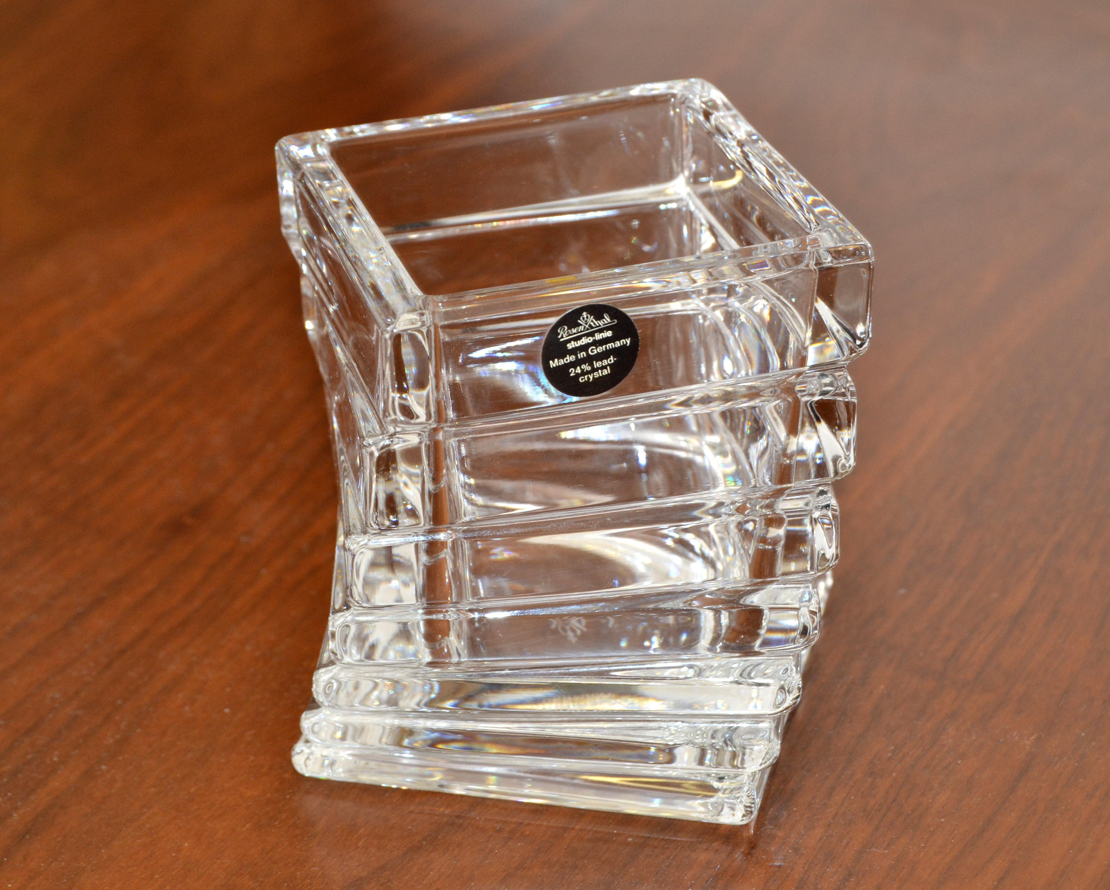 Striking original Rosenthal Turnus Geometric Lead crystal glass vase, Vessel by Rosenthal Studio Line made in Germany. 
Marked with black foil label Rosenthal classic, 24% lead-crystal and stamped at the base.