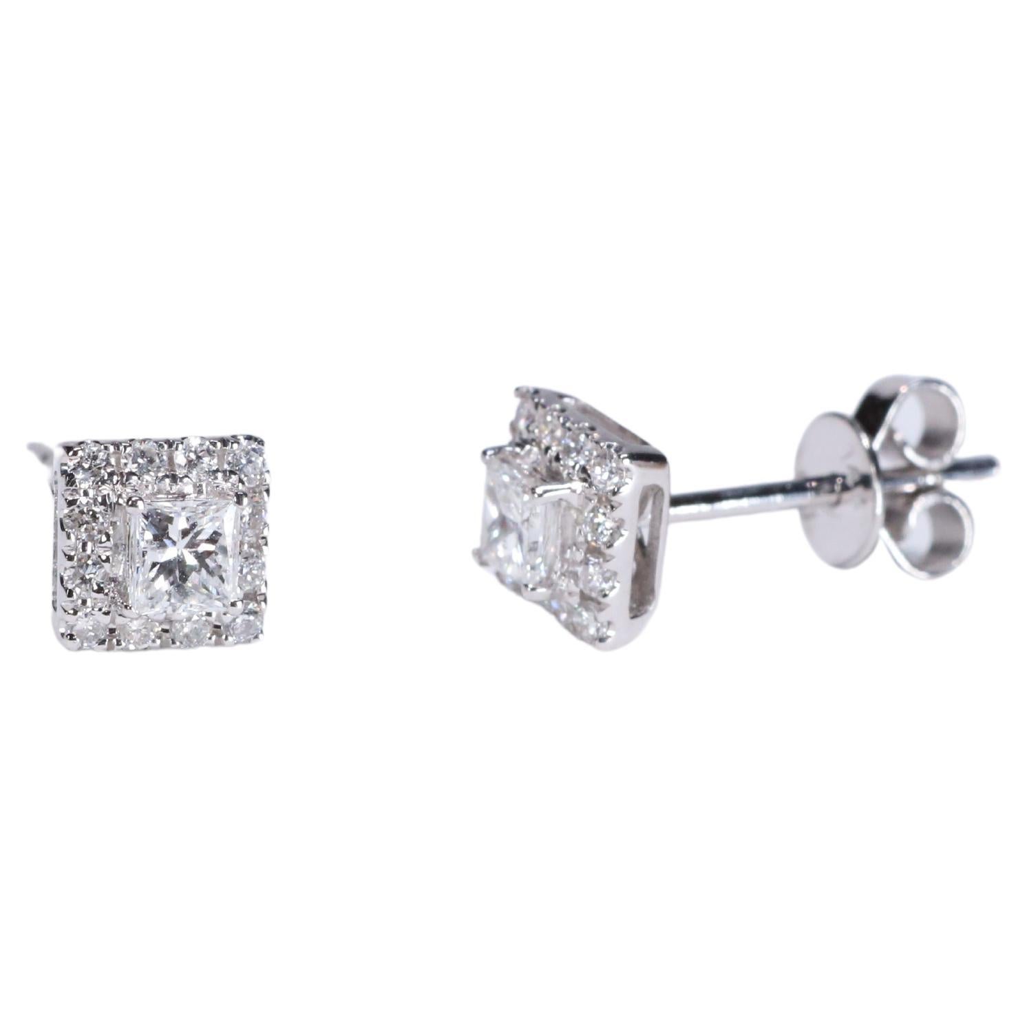 Classic Round and Princess-Cut White Diamond 14k White Gold Stud Earring For Sale