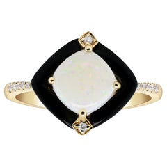 Classic Round-Cab Australian Opal with Diamond 14k Yellow Gold Cocktail Ring