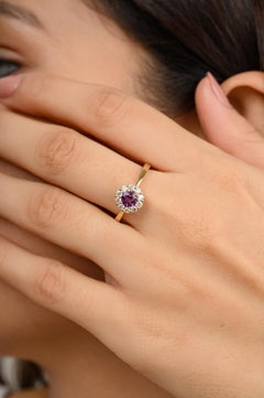 Classic Round Cut Amethyst Halo Diamond Engagement Ring in 14k Solid Yellow Gold