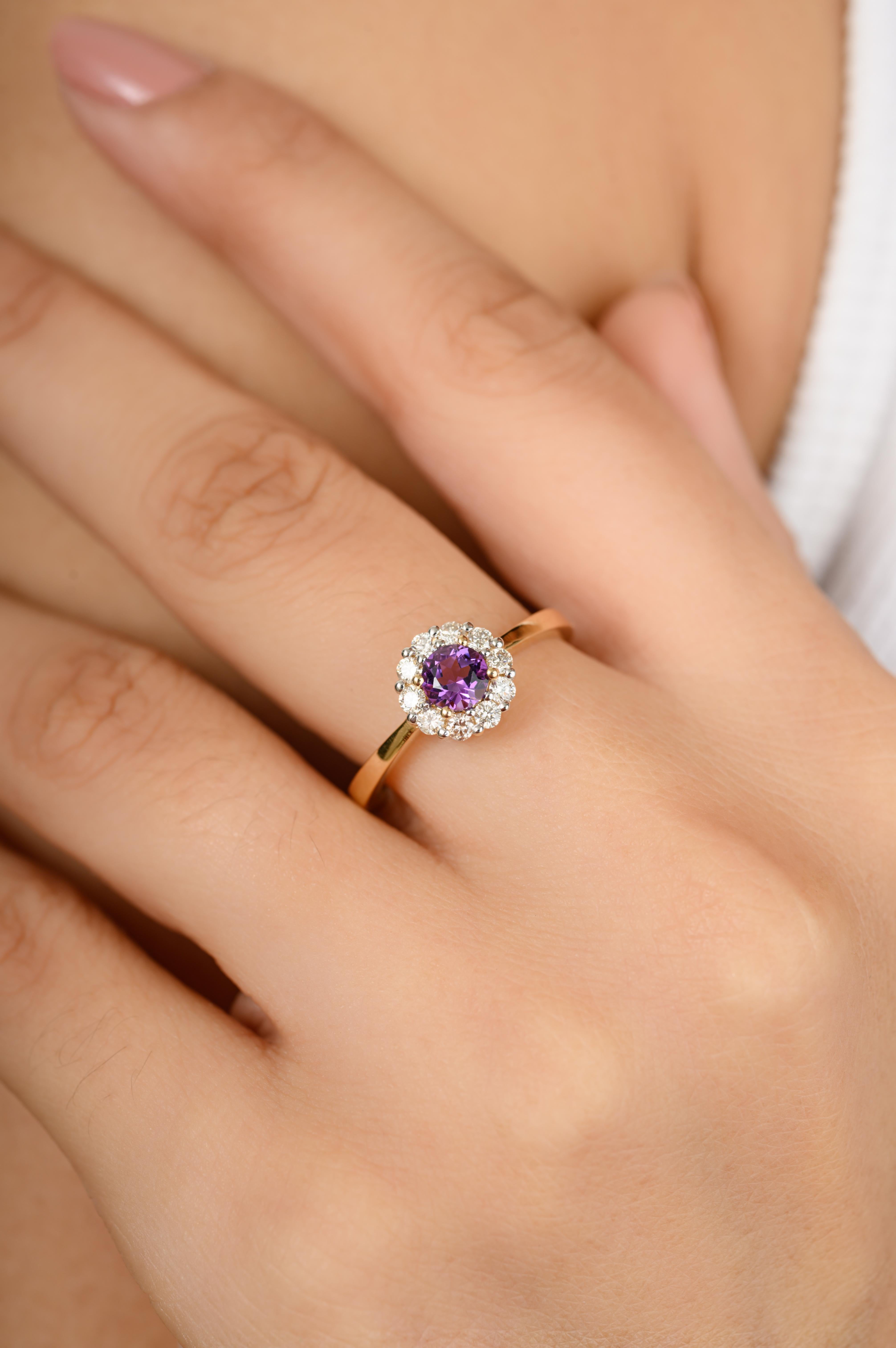 For Sale:  Classic Round Cut Amethyst Halo Diamond Engagement Ring in 14k Solid Yellow Gold 4