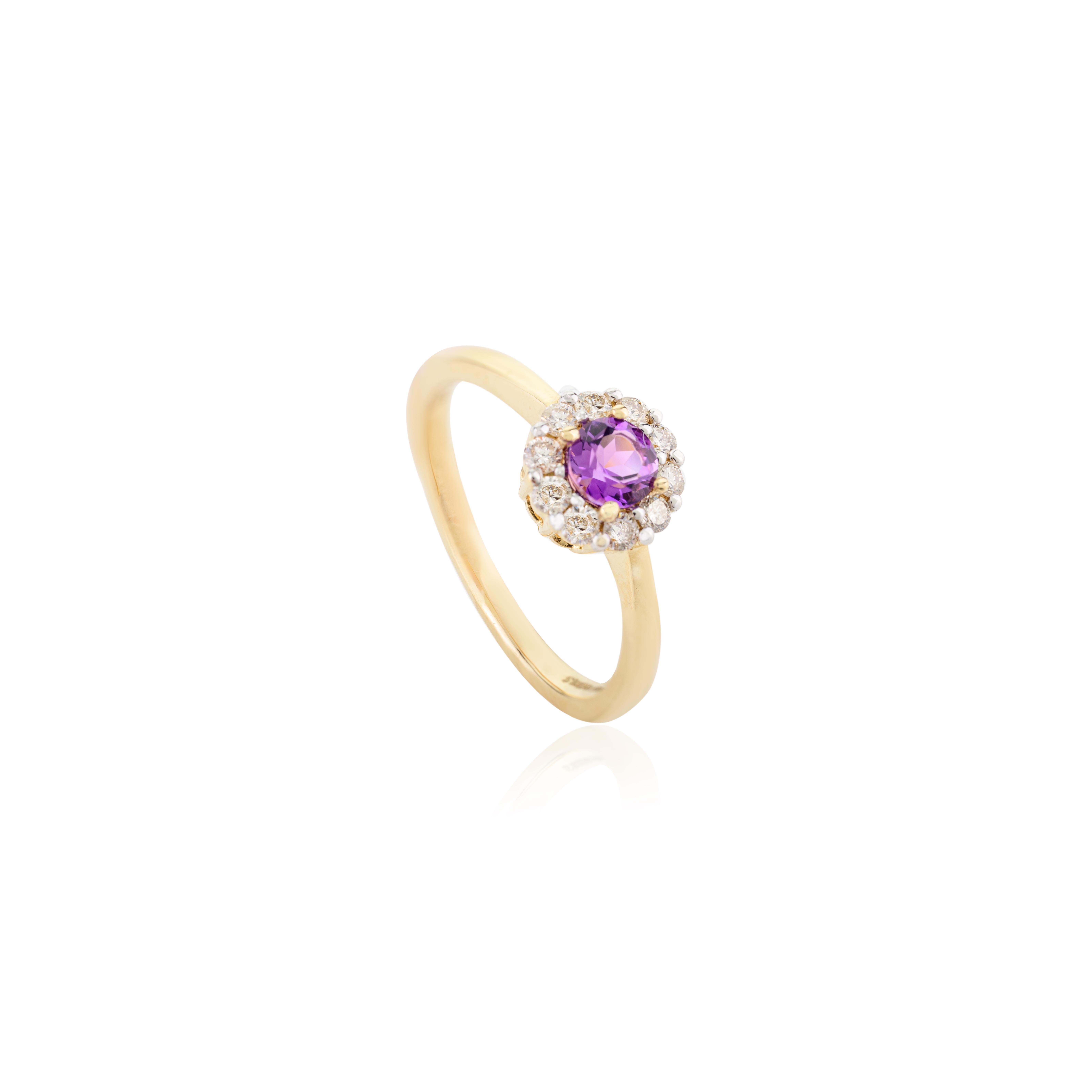 For Sale:  Classic Round Cut Amethyst Halo Diamond Engagement Ring in 14k Solid Yellow Gold 7