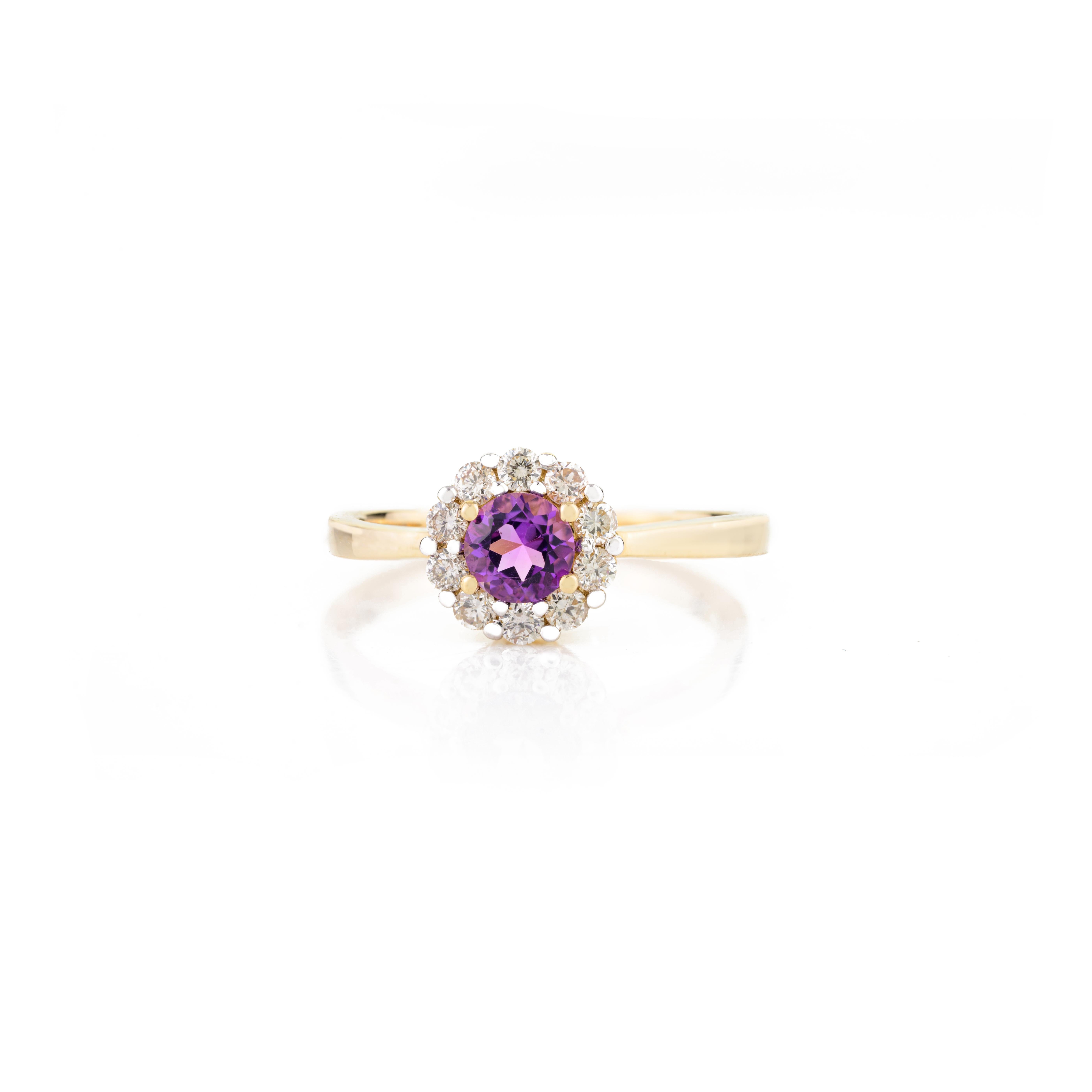 For Sale:  Classic Round Cut Amethyst Halo Diamond Engagement Ring in 14k Solid Yellow Gold 9