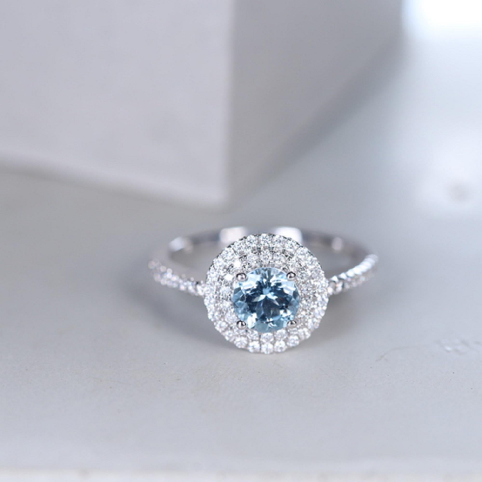 Stunning, timeless and classy eternity Unique Ring. Decorate yourself in luxury with this Gin & Grace Ring. The 14k White Gold jewelry boasts Round cut Prong Setting Genuine Aquamarine (1 pcs) 0.76 Carat, along with Natural Round cut white Diamond