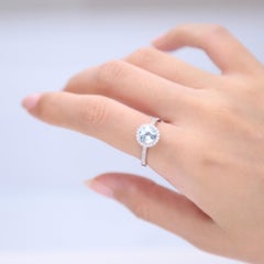 Classic Round Cut Aquamarine and Round Cut White Diamond 14K White Gold Ring
