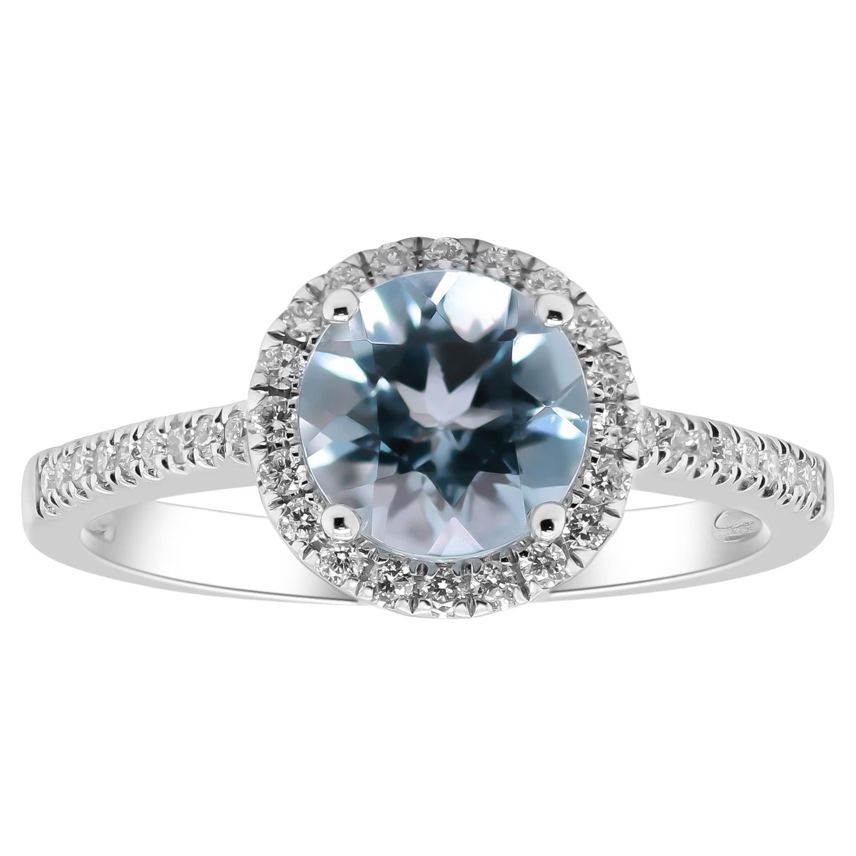 Classic Round Cut Aquamarine and Round Cut White Diamond 14K White Gold Ring