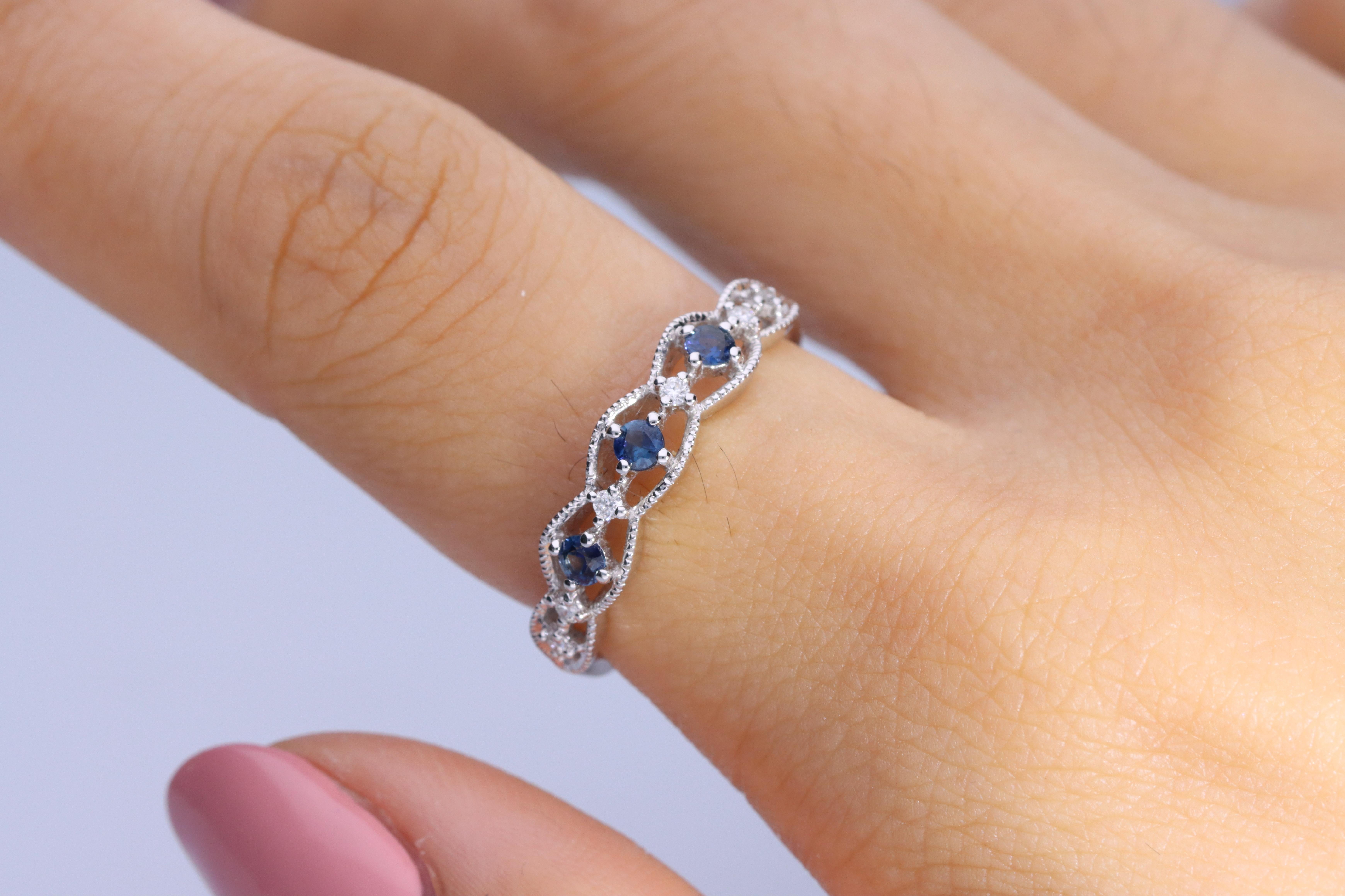 Stunning, timeless and classy eternity Unique Ring. Decorate yourself in luxury with this Gin & Grace Ring. The 18k White Gold jewelry boasts Round Cut Prong Setting Genuine Blue Sapphire (3 pcs) 0.23 Carat, along with Natural Round cut white