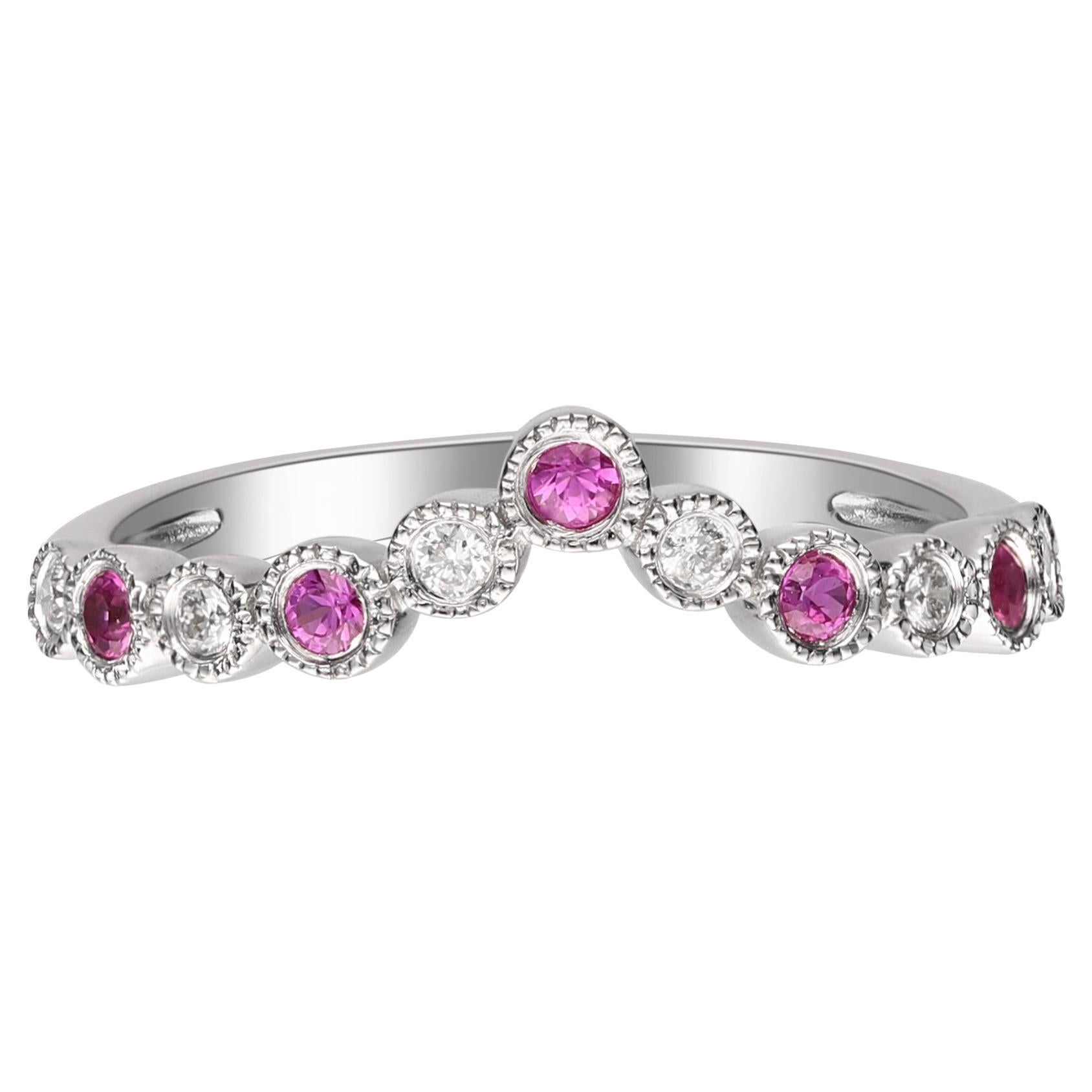 Classic Round-Cut Hot Pink Ruby with Round-Cut Diamond 14k White Gold Ring For Sale