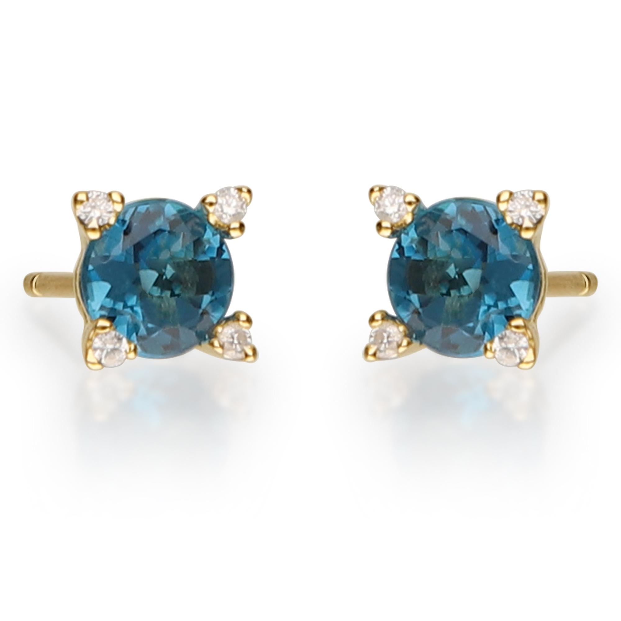 Decorate yourself in elegance with this Earring is crafted from 14-karat Yellow Gold by Gin & Grace Earring. This Earring is made up of Round-cut (2 pcs) 1.14 carat London Blue Topaz and Round-cut White Diamond (8 pcs) 0.05 carat. This Stud Earring