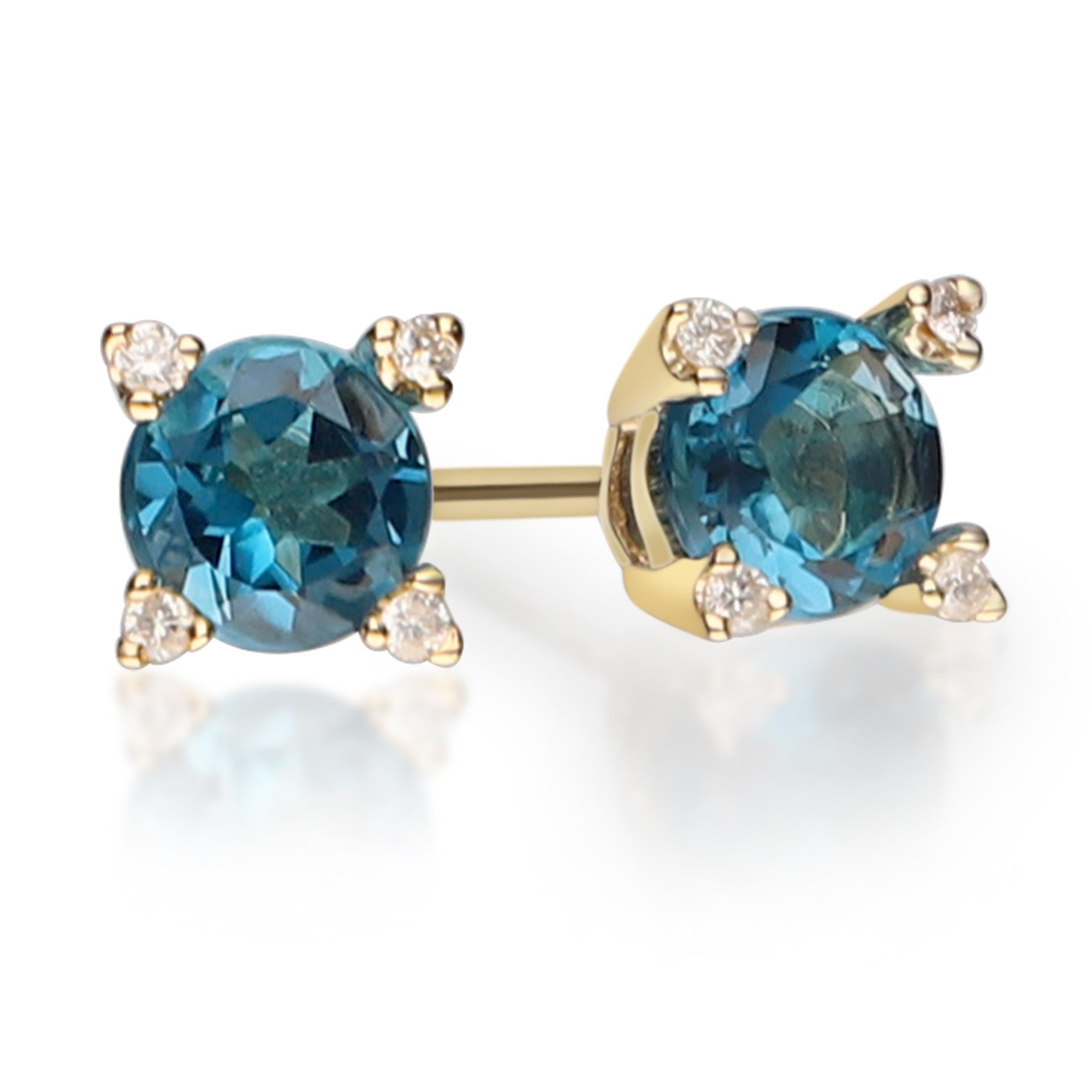 Round Cut Classic Round-Cut London Blue Topaz with Diamond 14k Yellow Gold Studs Earring For Sale
