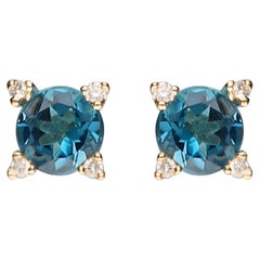 Classic Round-Cut London Blue Topaz with Diamond 14k Yellow Gold Studs Earring