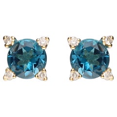 Classic Round-Cut London Blue Topaz with Diamond 14k Yellow Gold Studs Earring