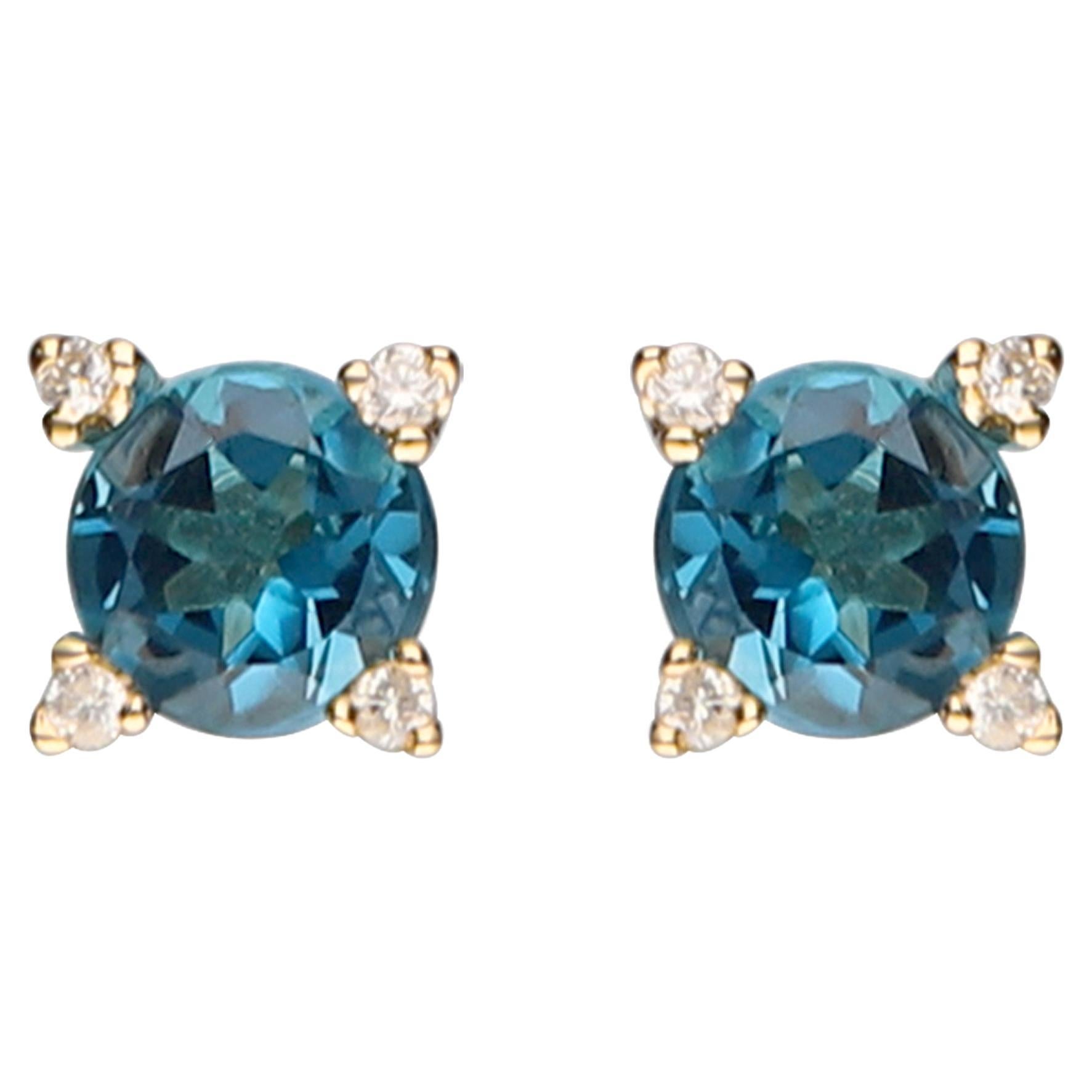 Classic Round-Cut London Blue Topaz with Diamond 14k Yellow Gold Studs Earring For Sale