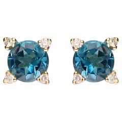 Vintage Classic Round-Cut London Blue Topaz with Diamond 14k Yellow Gold Studs Earring