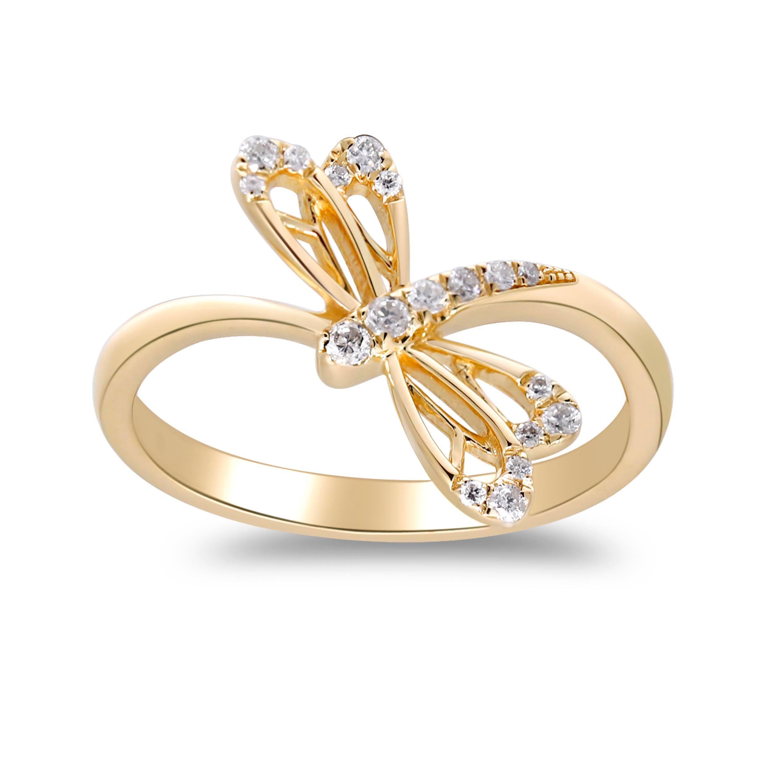 * The ethereal beauty of this incredible creature inspires a sense of wonder and respect for nature's fluttering friends. our Dragonfly Ring lands on a sleek 14K Yellow gold band with intricately detailed, open wings encrusted with brilliant round