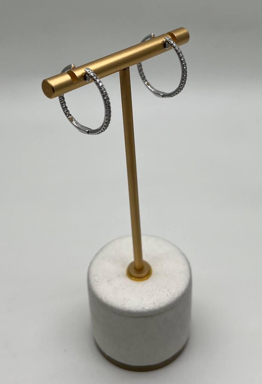 Classic Round Diamond Brilliant Cut 14K White Gold Medium Hoop Huggie Earrings In New Condition For Sale In Oakton, VA