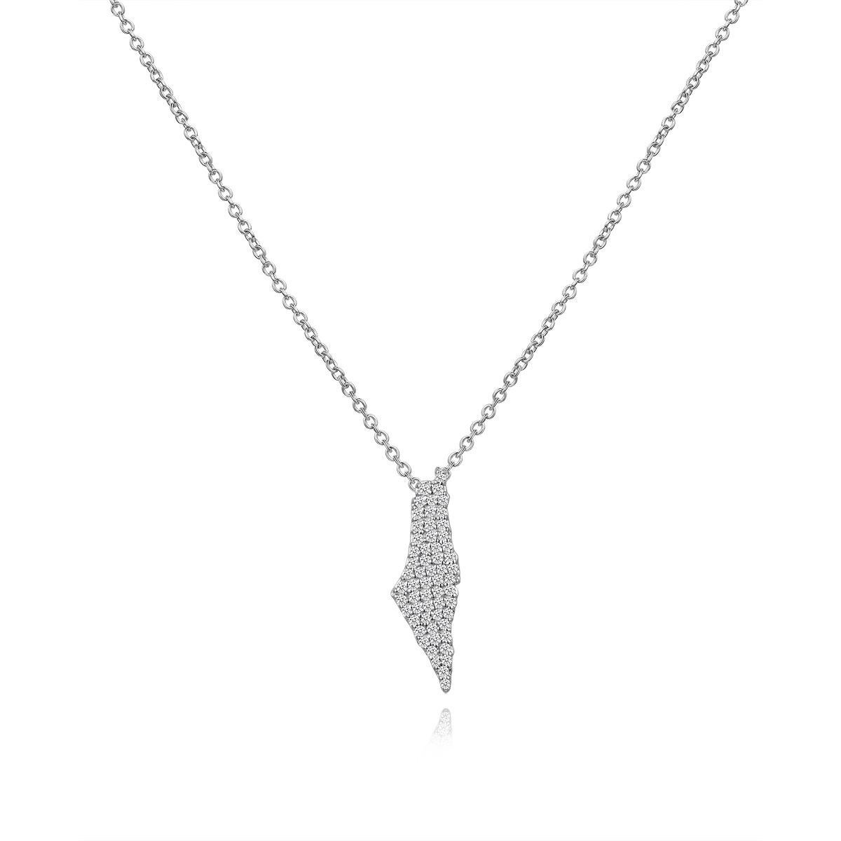 Diamond israel Map Style 14K White Gold Necklace In New Condition For Sale In Los Angeles, CA