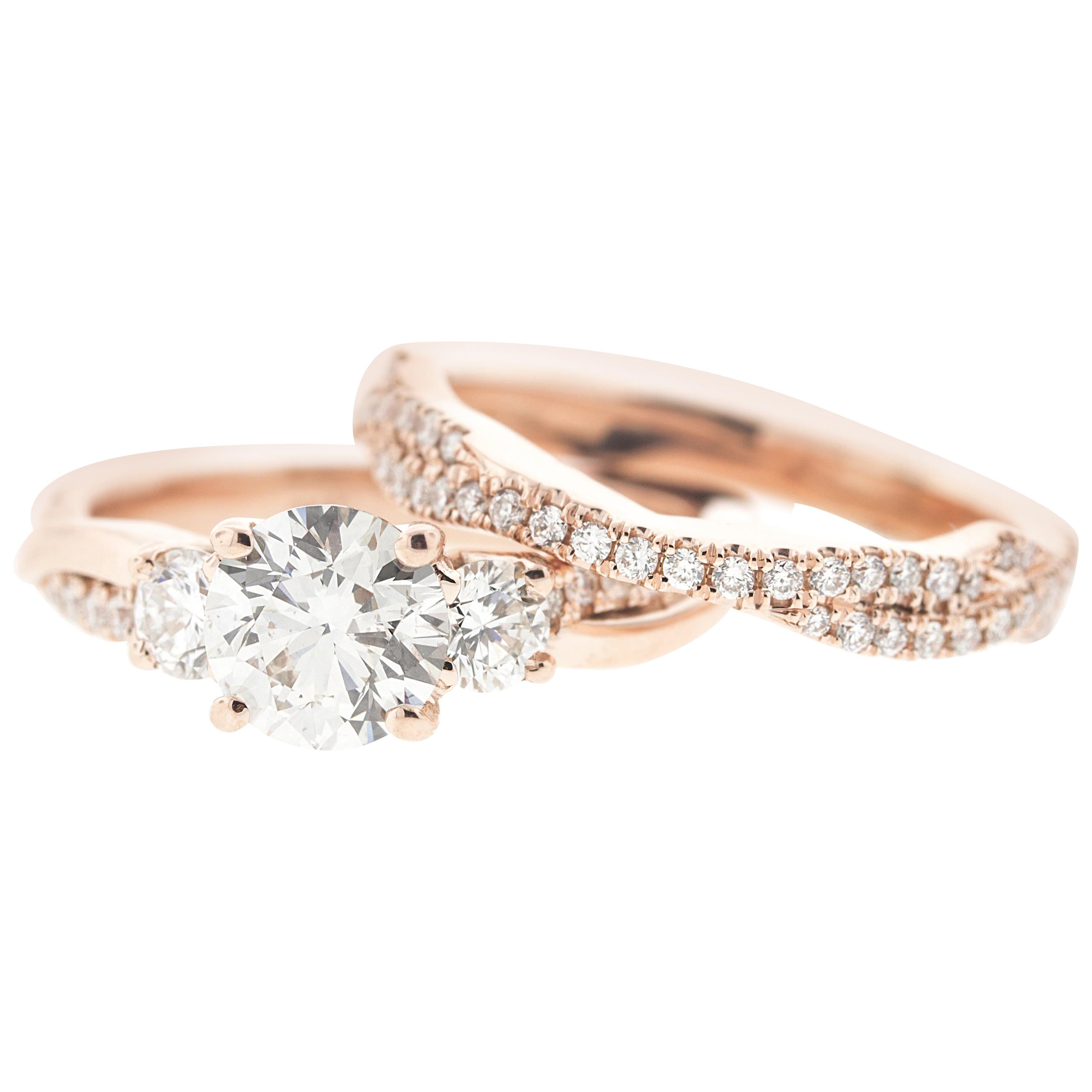 Classic Round Diamond Rose Gold Ring 'GIA' with Matching Flushfit Band For Sale