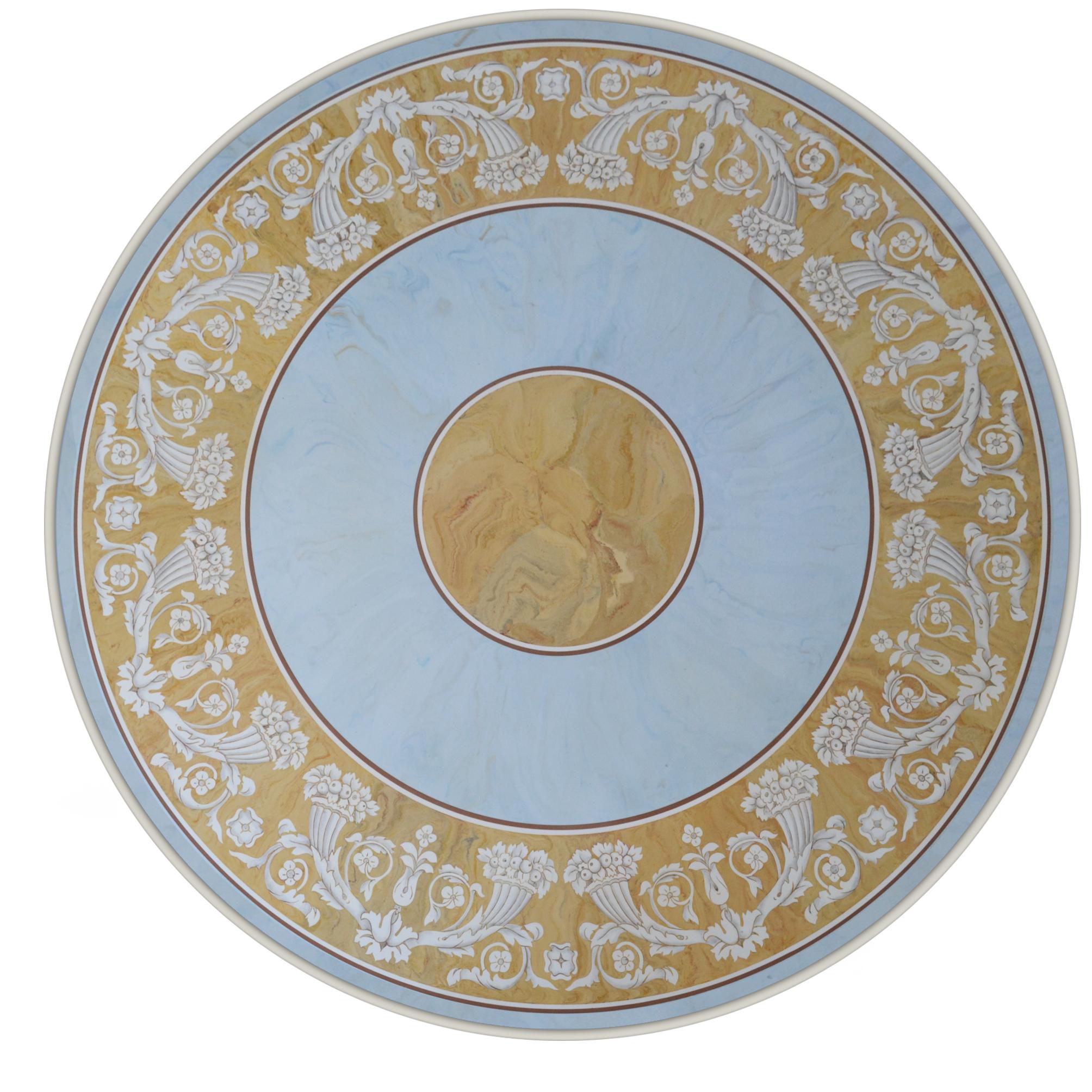 Verbena round dining or center table
This table with Scagliola art inlay takes inspiration from the classical paliotto with a frame of cornucopias. The choice of colors, Siena yellow and light blue give a sophisticated effect to this romantic table