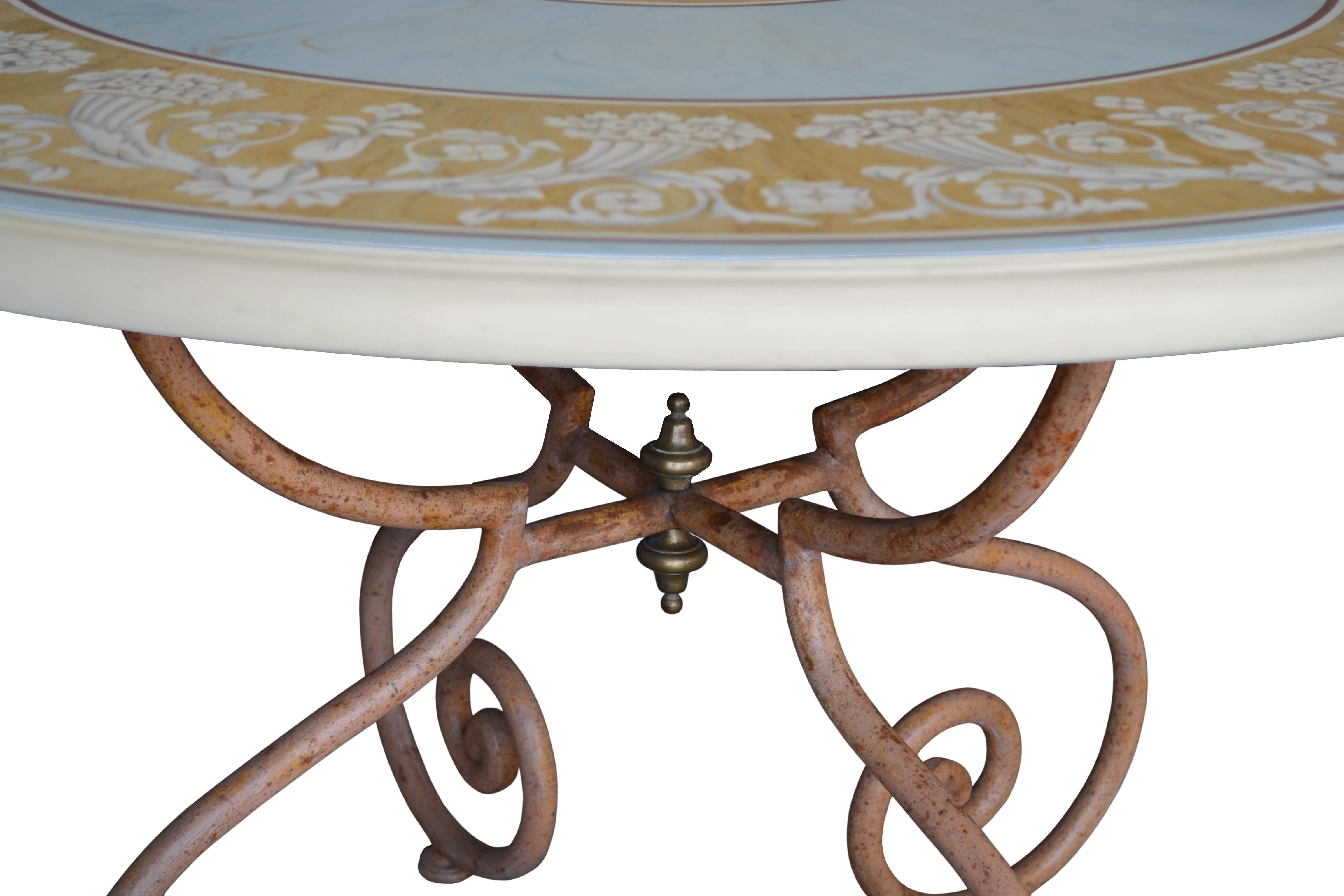 Italian Round Classic Dining Table light blue Scagliola Art Inlay Wrought Iron Base