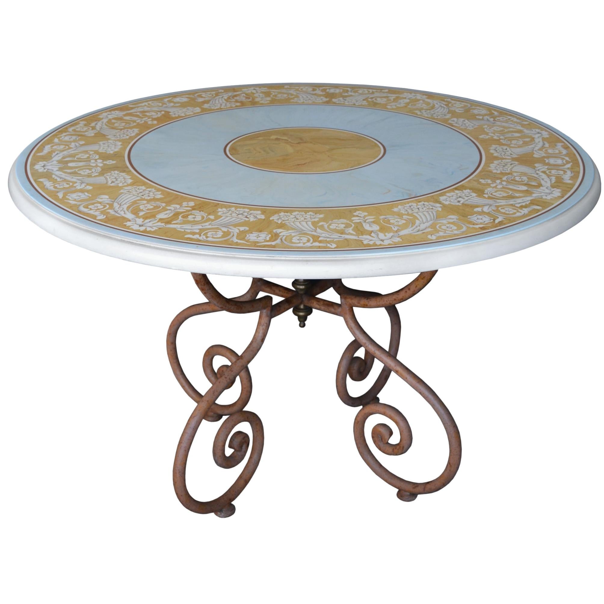 Round Classic Dining Table light blue Scagliola Art Inlay Wrought Iron Base